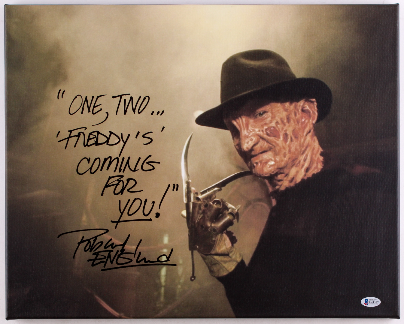 Robert Englund Signed 16x20 Photo On Canvas Inscribed "One, Two... Freddy's Coming For You!" (Beckett COA) at PristineAuction.com Robert Englund Signed 16x20 Photo On Canvas Inscribed "One, Two... Freddy's Coming For You!" (Beckett COA) at PristineAuction.com