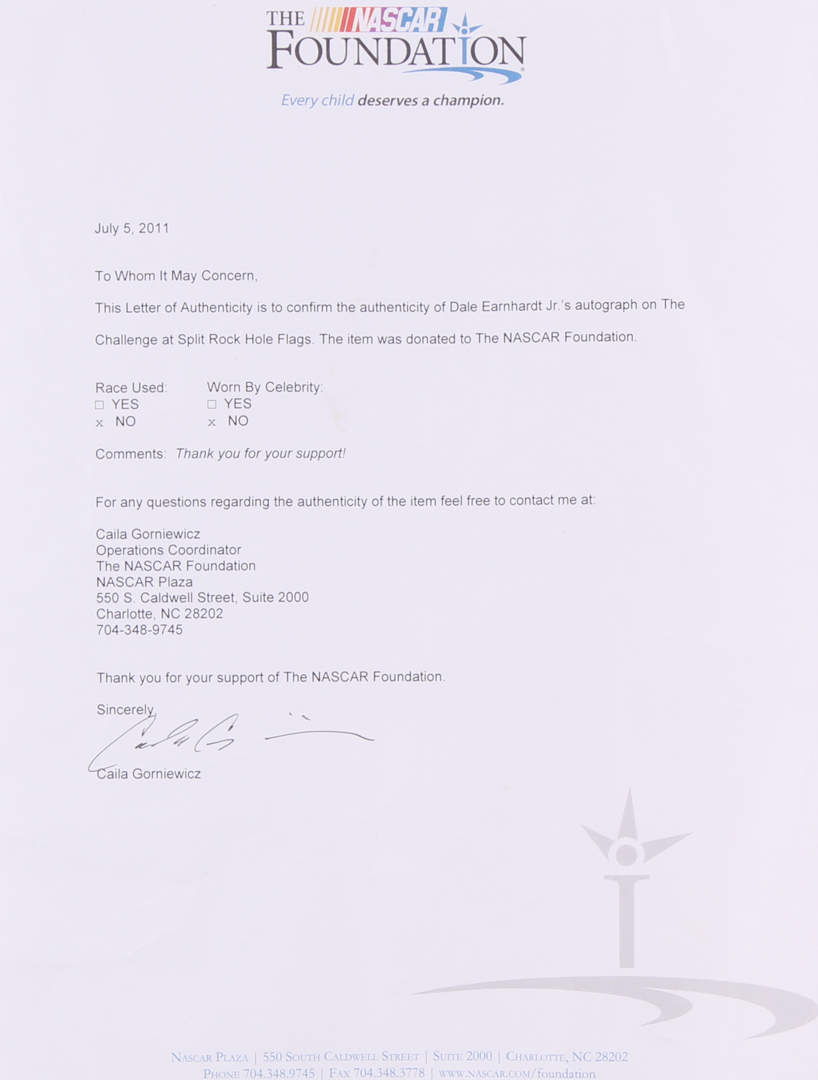 Dale Earnhardt Jr. Signed 'The Challenge at Split Rock" Golf Pin Flag (JSA COA) at PristineAuction.com Dale Earnhardt Jr. Signed 'The Challenge at Split Rock" Golf Pin Flag (JSA COA) at PristineAuction.com