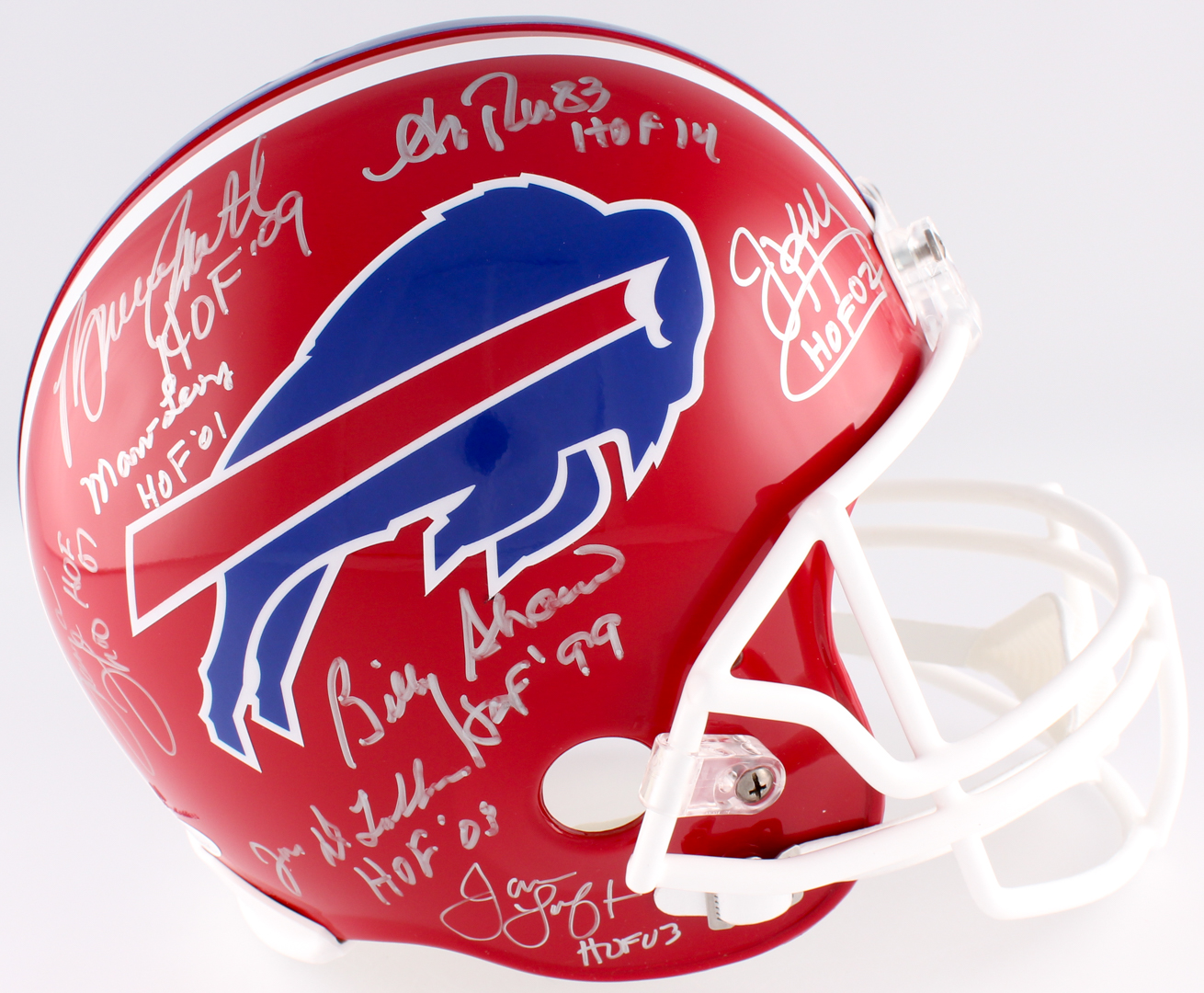 Bills Full Size Helmet Signed and inscribed by (8) with Jim Kelly, Thurman Thomas, Marv Levy, James Lofton (JSA COA & Denver Autographs COA) at PristineAuction.com Bills Full Size Helmet Signed and inscribed by (8) with Jim Kelly, Thurman Thomas, Marv Levy, James Lofton (JSA COA & Denver Autographs COA) at PristineAuction.com