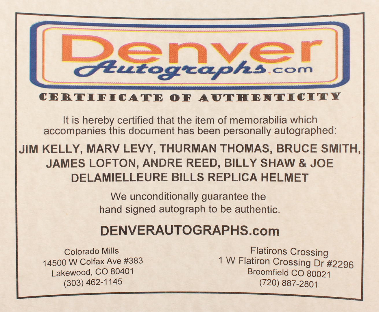 Bills Full Size Helmet Signed and inscribed by (8) with Jim Kelly, Thurman Thomas, Marv Levy, James Lofton (JSA COA & Denver Autographs COA) at PristineAuction.com Bills Full Size Helmet Signed and inscribed by (8) with Jim Kelly, Thurman Thomas, Marv Levy, James Lofton (JSA COA & Denver Autographs COA) at PristineAuction.com