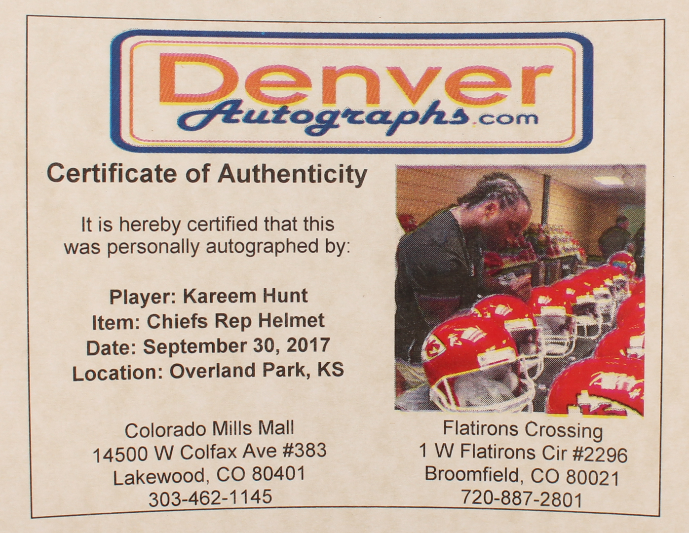 Kareem Hunt Signed Chiefs Full-Size Speed Helmet (Hunt Hologram, JSA COA & Denver Autographs COA) at PristineAuction.com Kareem Hunt Signed Chiefs Full-Size Speed Helmet (Hunt Hologram, JSA COA & Denver Autographs COA) at PristineAuction.com