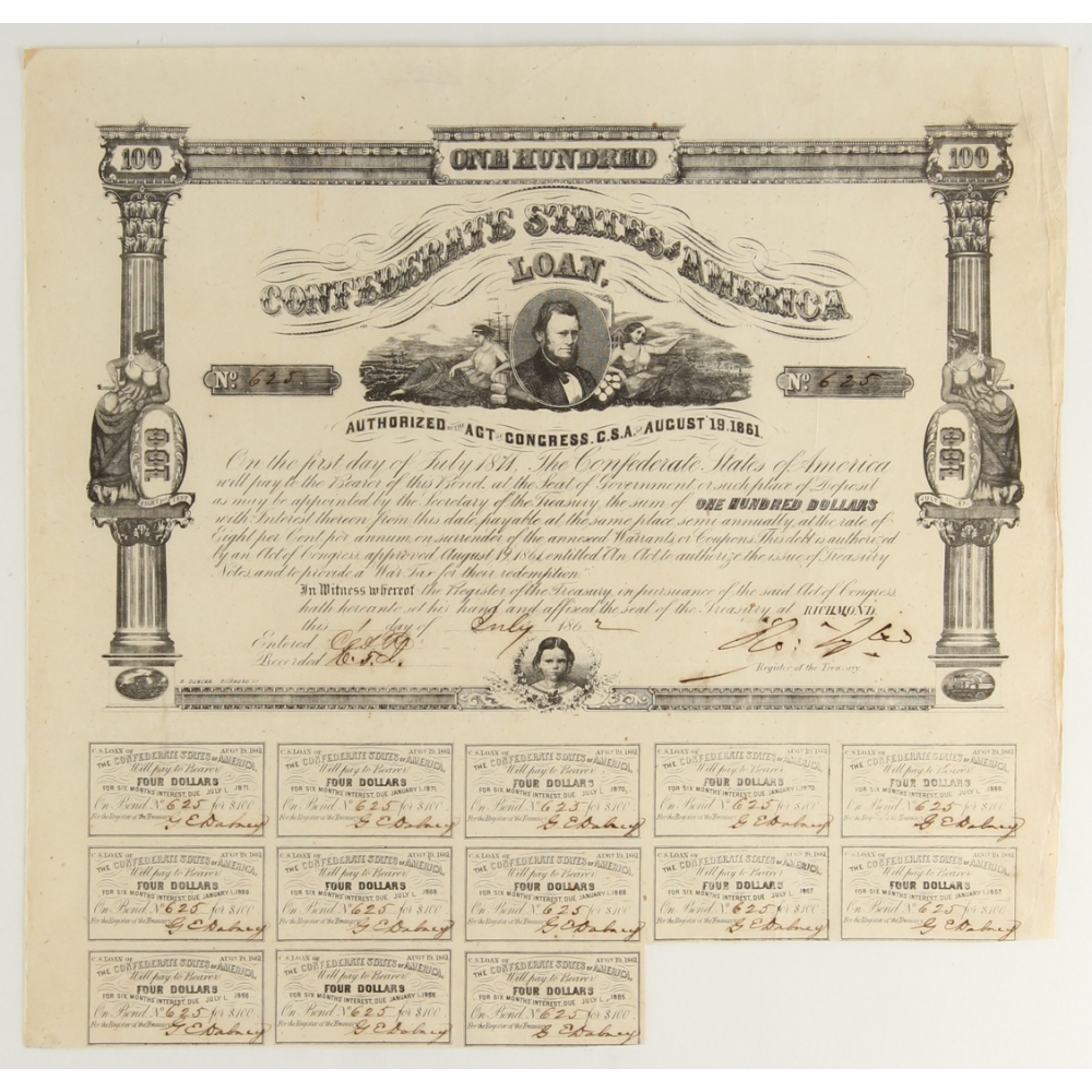 1862 $100 One Hundred-Dollar Confederate States of America Richmond CSA ...