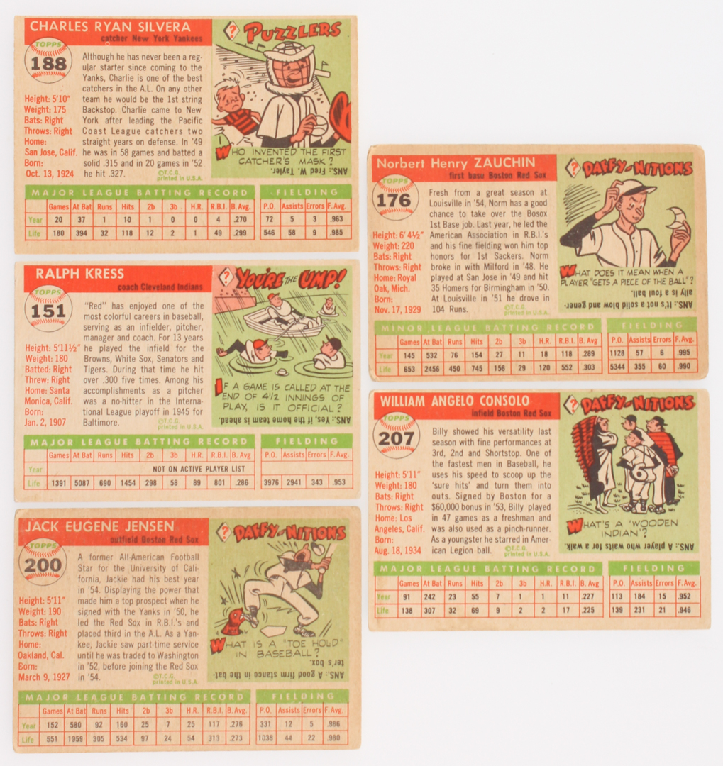 Lot of (23) 1955 Topps Baseball Cards with #200 Jackie Jensen, #168 Duane Pillette, #207 Billy Consolo, #176 Norm Zauchin RC, #151 Ralph Kress CO at PristineAuction.com Lot of (23) 1955 Topps Baseball Cards with #200 Jackie Jensen, #168 Duane Pillette, #207 Billy Consolo, #176 Norm Zauchin RC, #151 Ralph Kress CO at PristineAuction.com