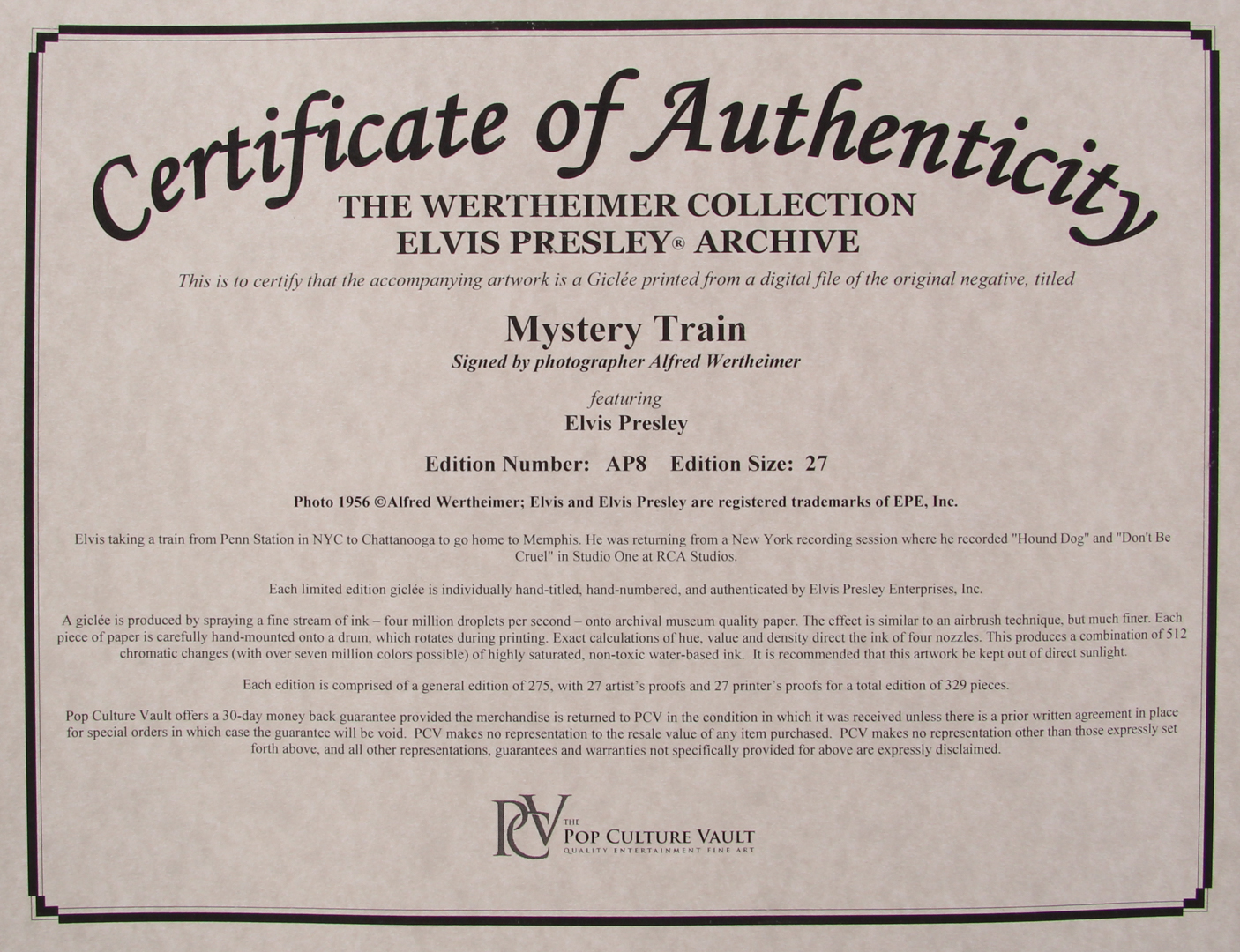 Alfred Wertheimer Signed Elvis Presley "Mystery Train" 16x23 Artist Proof Giclee on Paper #8/27 (PA LOA & PCV COA) at PristineAuction.com Alfred Wertheimer Signed Elvis Presley "Mystery Train" 16x23 Artist Proof Giclee on Paper #8/27 (PA LOA & PCV COA) at PristineAuction.com