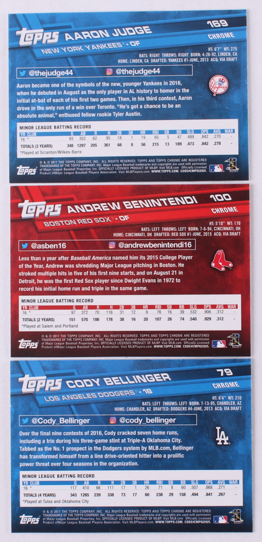 Complete Set of (200) 2017 Topps Chrome Baseball Cards with #169A Aaron Judge RC, #79 Cody Bellinger RC, #100A Andrew Benintendi RC at PristineAuction.com Complete Set of (200) 2017 Topps Chrome Baseball Cards with #169A Aaron Judge RC, #79 Cody Bellinger RC, #100A Andrew Benintendi RC at PristineAuction.com