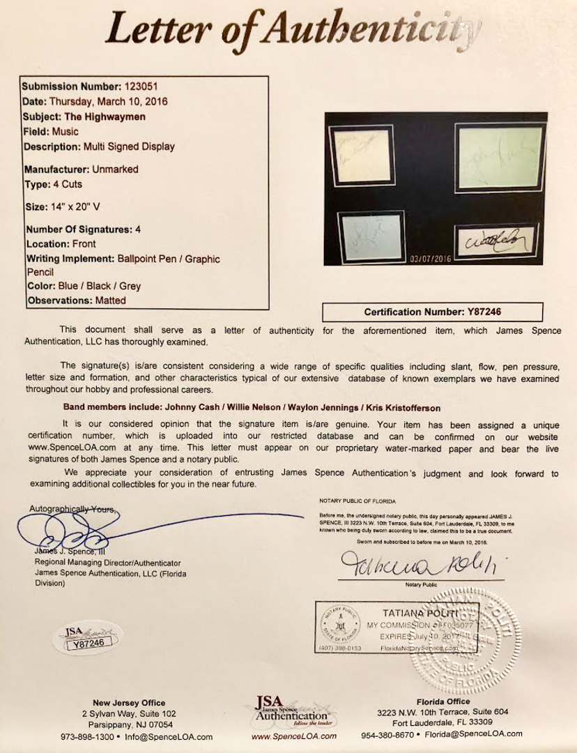 The Highwaymen Band-Signed 18x23 Custom Framed Display with (4) Signatures Including Johnny Cash, Willie Nelson, Waylon Jennings & Kris Kristofferson at PristineAuction.com The Highwaymen Band-Signed 18x23 Custom Framed Display with (4) Signatures Including Johnny Cash, Willie Nelson, Waylon Jennings & Kris Kristofferson at PristineAuction.com