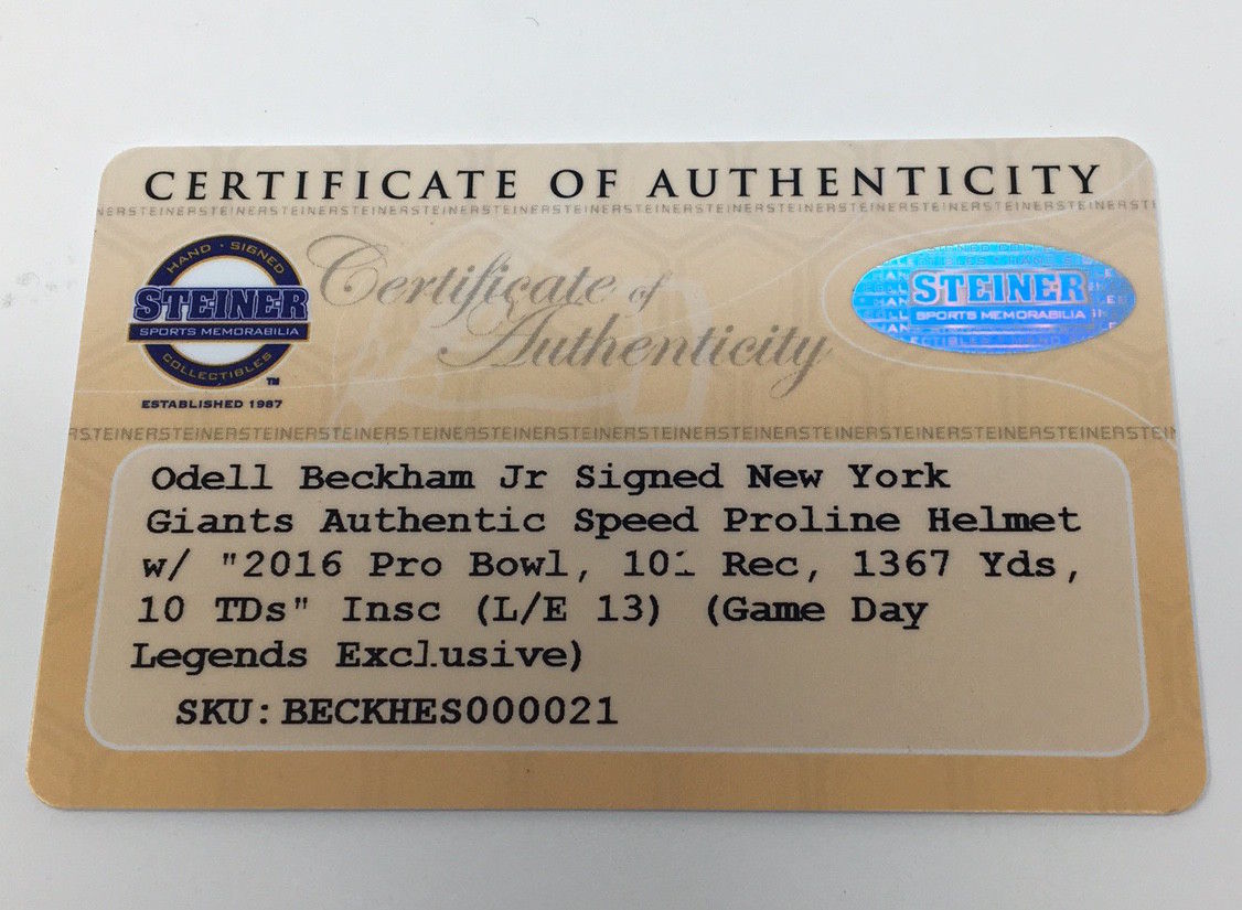 Odell Beckham Jr. Signed New York Giants LE Full-Size Authentic On-Field Speed Helmet Inscribed "2016 Pro Bowl", "101 rec", "1367 yrds" & "10 tds" (Steiner COA) at PristineAuction.com Odell Beckham Jr. Signed New York Giants LE Full-Size Authentic On-Field Speed Helmet Inscribed "2016 Pro Bowl", "101 rec", "1367 yrds" & "10 tds" (Steiner COA) at PristineAuction.com