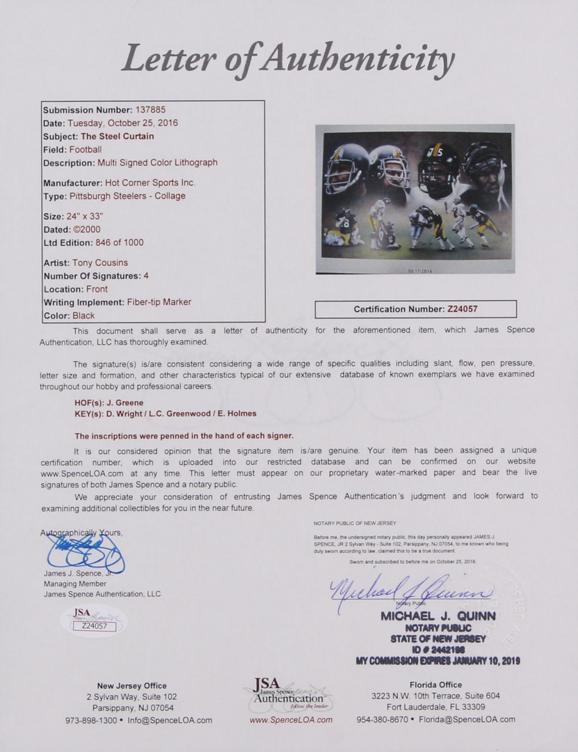 Steelers "Steel Curtain" LE 24x33 Lithograph Signed by (4) with Joe Greene, Dwight White, Ernie Holmes & L. C. Greenwood with Inscriptions (JSA LOA) at PristineAuction.com Steelers "Steel Curtain" LE 24x33 Lithograph Signed by (4) with Joe Greene, Dwight White, Ernie Holmes & L. C. Greenwood with Inscriptions (JSA LOA) at PristineAuction.com