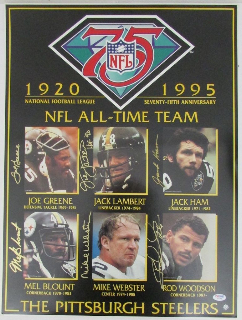 Steelers 75th Anniversary 18x24 Poster Signed by (6) With Jack Ham, Joe Greene, Mike Webster, Mel Blount, Jack Lambert & Rocky Bleier (PSA) at PristineAuction.com Steelers 75th Anniversary 18x24 Poster Signed by (6) With Jack Ham, Joe Greene, Mike Webster, Mel Blount, Jack Lambert & Rocky Bleier (PSA) at PristineAuction.com