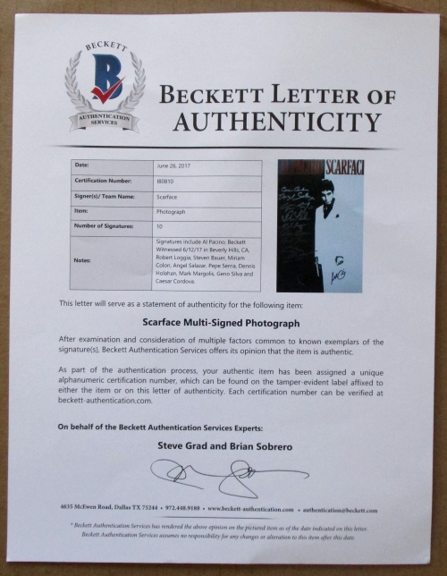 "Scarface" 17x24 Custom Framed Movie Poster Display Signed by (10) with Al Pacino, Steve Bauer, Miriam Colon, Pepe Serna, Geno Silva (Beckett LOA) at PristineAuction.com "Scarface" 17x24 Custom Framed Movie Poster Display Signed by (10) with Al Pacino, Steve Bauer, Miriam Colon, Pepe Serna, Geno Silva (Beckett LOA) at PristineAuction.com