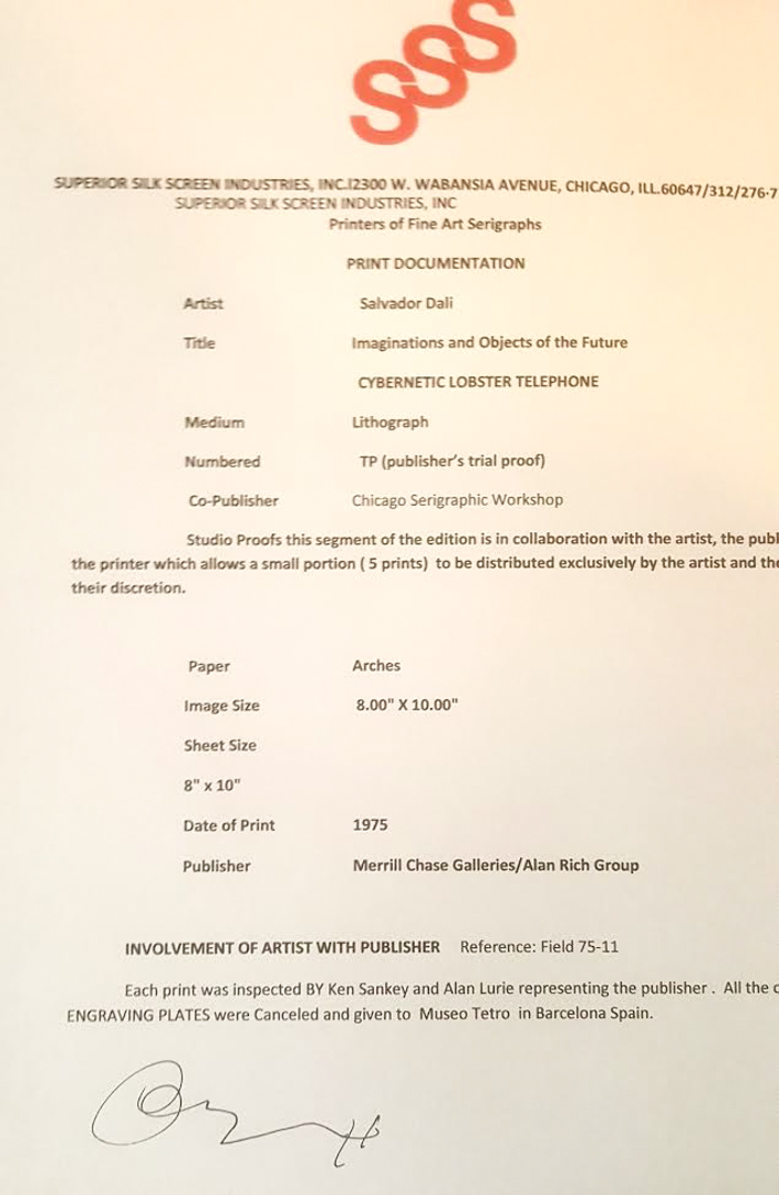 Salvador Dali "Cybernetic Lobster Telephone" 1975 12x15 Custom Framed with Archival Mat Surrealist TP Lithograph on Arches Paper (Publisher COA) at PristineAuction.com Salvador Dali "Cybernetic Lobster Telephone" 1975 12x15 Custom Framed with Archival Mat Surrealist TP Lithograph on Arches Paper (Publisher COA) at PristineAuction.com