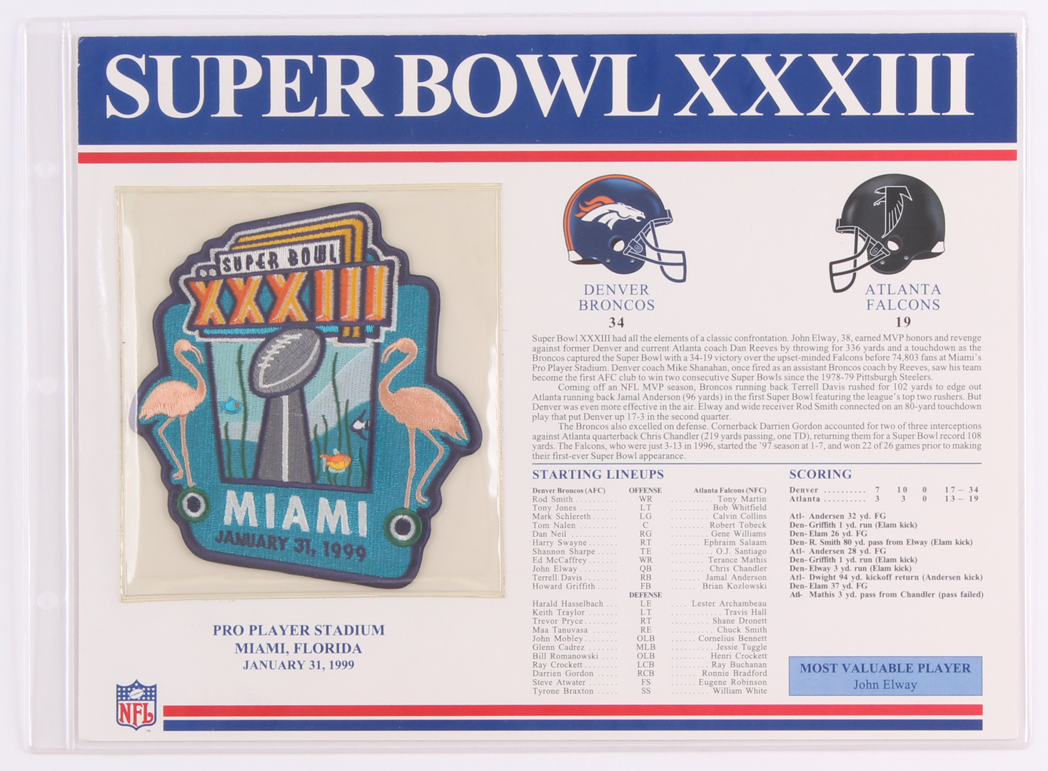 Commemorative Super Bowl XXXIII Score Card With Patch: Broncos vs Falcons at PristineAuction.com Commemorative Super Bowl XXXIII Score Card With Patch: Broncos vs Falcons at PristineAuction.com