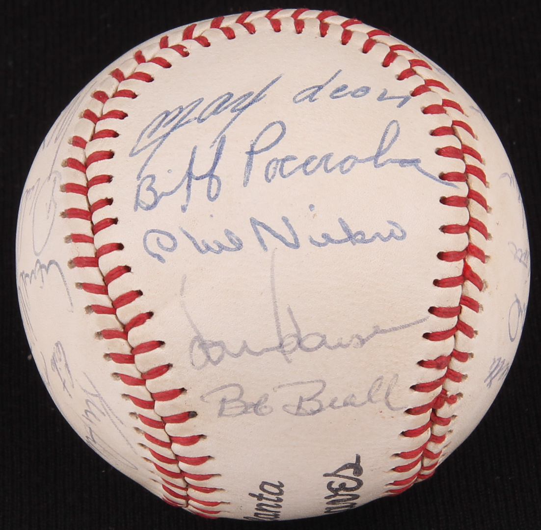 1975 Braves Team Signed Atlanta Braves Logo Baseball by (23) with Clyde King, Ralph Garr, Rod Gilbreath, Buzz Capra (JSA ALOA) at PristineAuction.com 1975 Braves Team Signed Atlanta Braves Logo Baseball by (23) with Clyde King, Ralph Garr, Rod Gilbreath, Buzz Capra (JSA ALOA) at PristineAuction.com