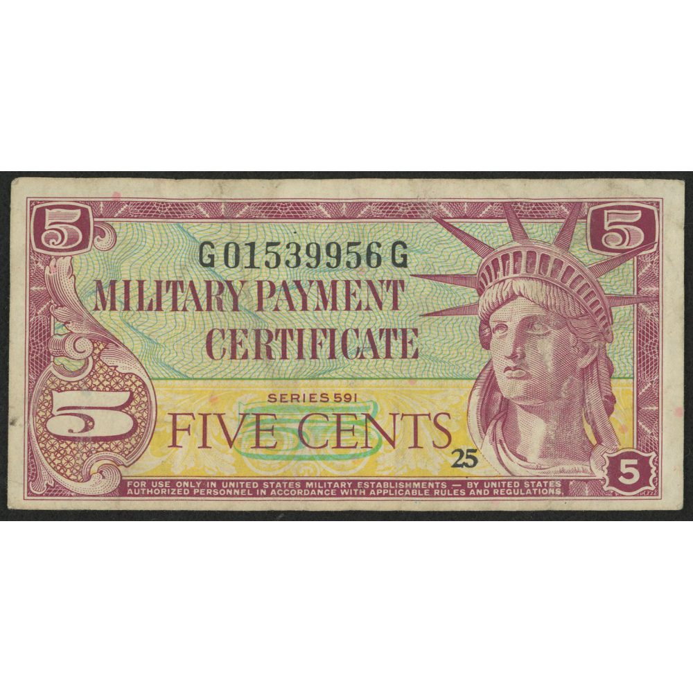 5¢ Five Cents Series 591 Military Payment Certificate Note (MPC