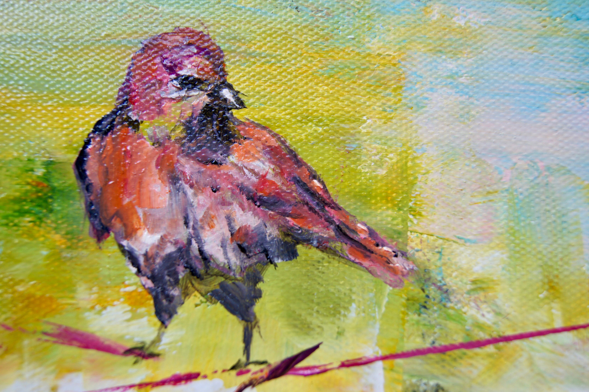 "Red Bird at Dawn" 10x10x1.5 Original Bird Painting by Janice Sugg at PristineAuction.com "Red Bird at Dawn" 10x10x1.5 Original Bird Painting by Janice Sugg at PristineAuction.com