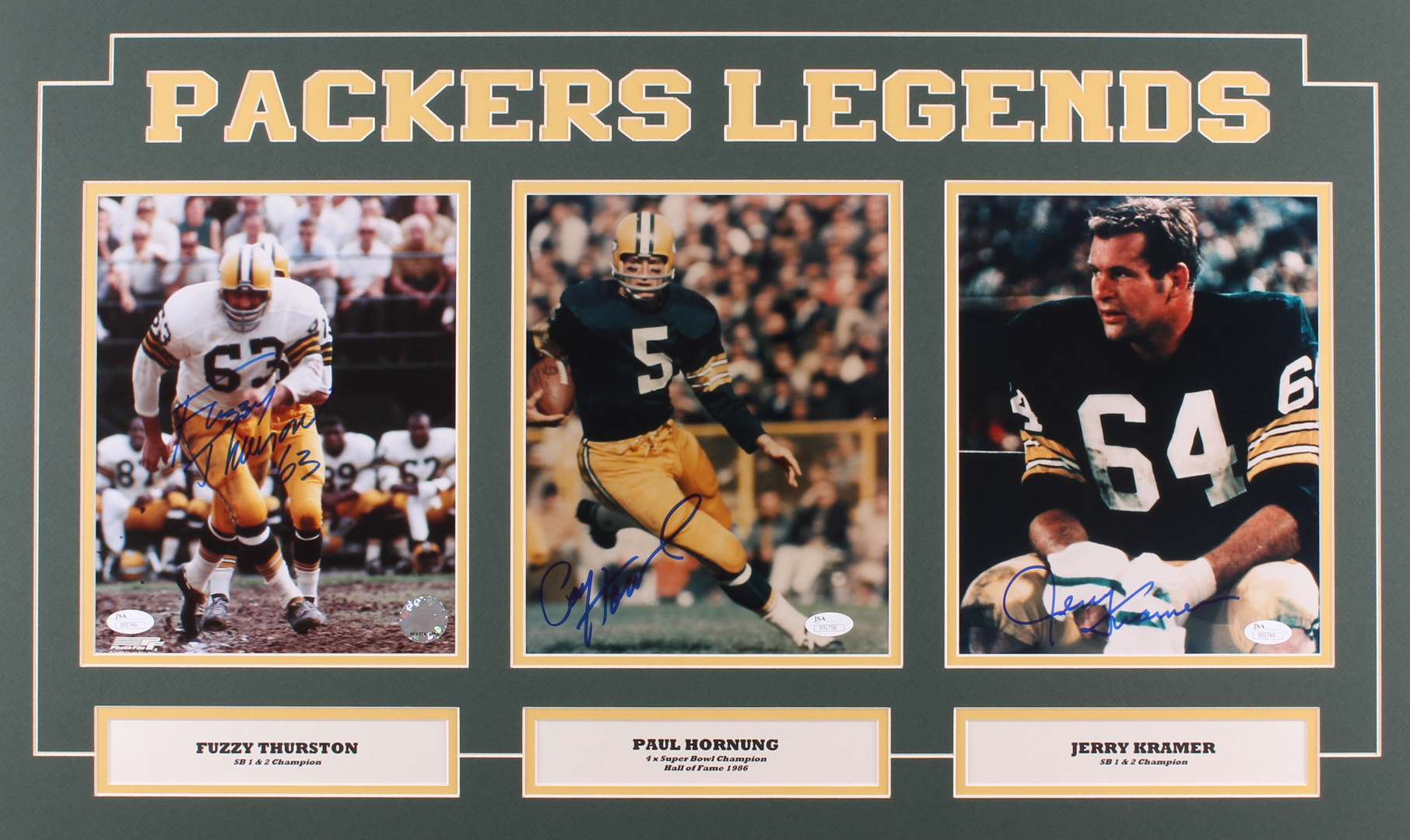 Jerry Kramer, Paul Hornung & Fuzzy Thurston Signed Packers 18x30 Custom Matted 8x10 Photo Display with Inscription (JSA COA) at PristineAuction.com Jerry Kramer, Paul Hornung & Fuzzy Thurston Signed Packers 18x30 Custom Matted 8x10 Photo Display with Inscription (JSA COA) at PristineAuction.com