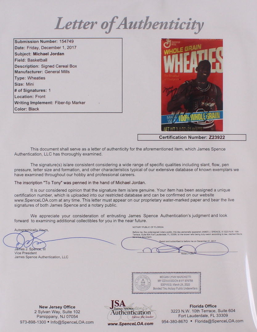 Michael Jordan Signed Mini Wheaties Cereal Box (JSA LOA) at PristineAuction.com Michael Jordan Signed Mini Wheaties Cereal Box (JSA LOA) at PristineAuction.com