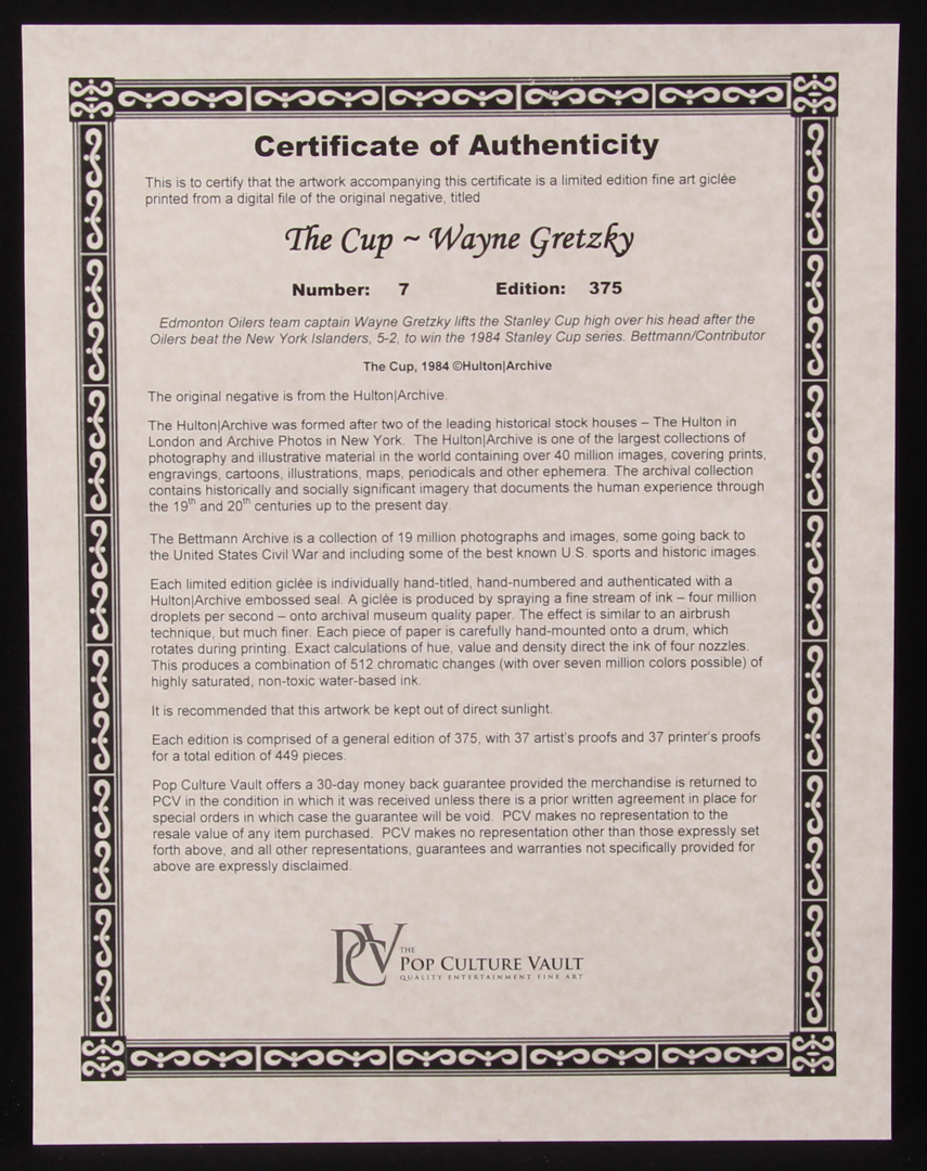 The Hulton Archive - Wayne Gretzky "The Cup" Limited Edition 16x23 Fine Art Giclee on Paper #7/375 (PA LOA & PCV COA) at PristineAuction.com The Hulton Archive - Wayne Gretzky "The Cup" Limited Edition 16x23 Fine Art Giclee on Paper #7/375 (PA LOA & PCV COA) at PristineAuction.com