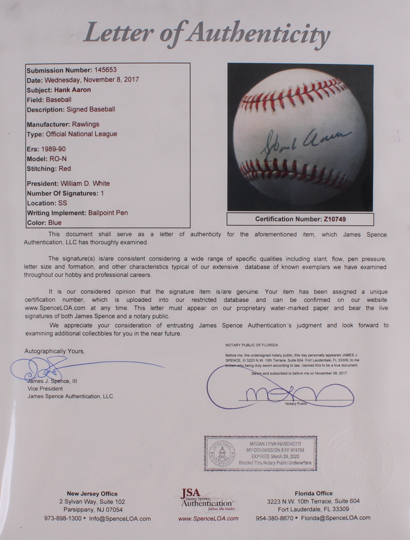 Hank Aaron Signed ONL Baseball (JSA LOA) at PristineAuction.com Hank Aaron Signed ONL Baseball (JSA LOA) at PristineAuction.com