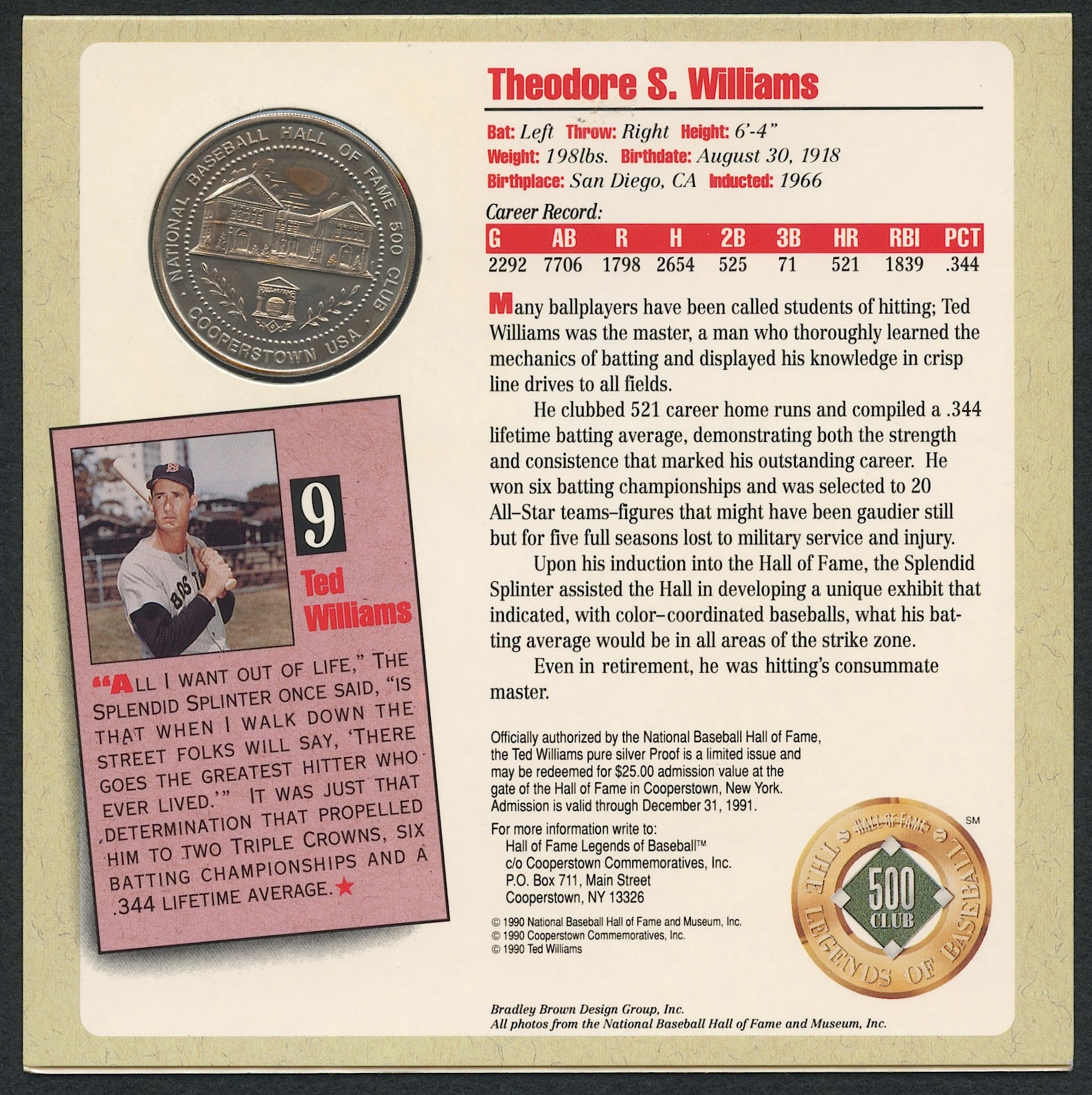 Ted Williams Signed Limited Edition Red Sox 6x6 Photo Display with Pure Silver Proof Coin (Williams COA) at PristineAuction.com Ted Williams Signed Limited Edition Red Sox 6x6 Photo Display with Pure Silver Proof Coin (Williams COA) at PristineAuction.com