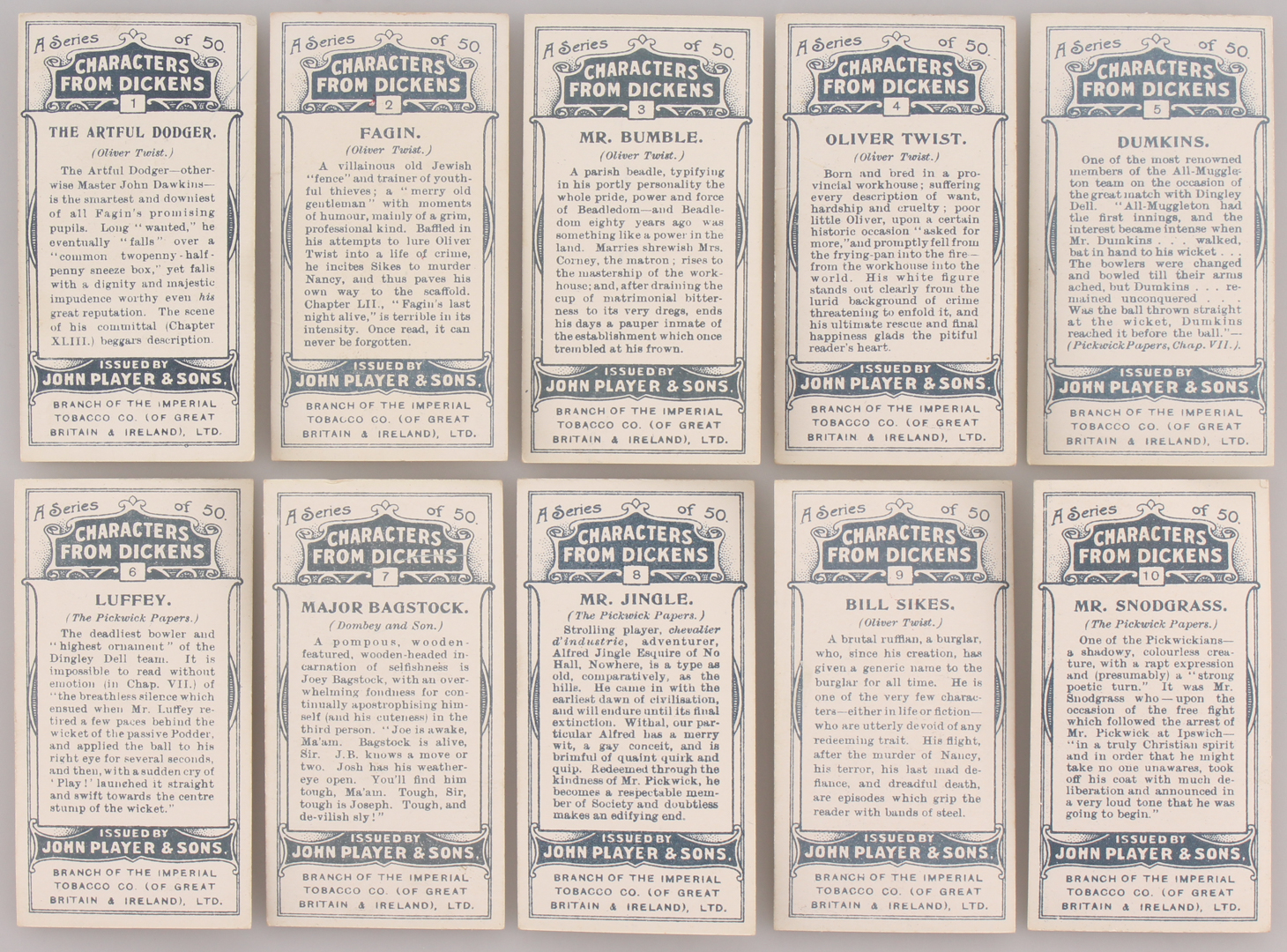 1912 Player's "Characters From Dickens" Complete Set of (50) Cigarette Cards With #4 Oliver Twist at PristineAuction.com 1912 Player's "Characters From Dickens" Complete Set of (50) Cigarette Cards With #4 Oliver Twist at PristineAuction.com