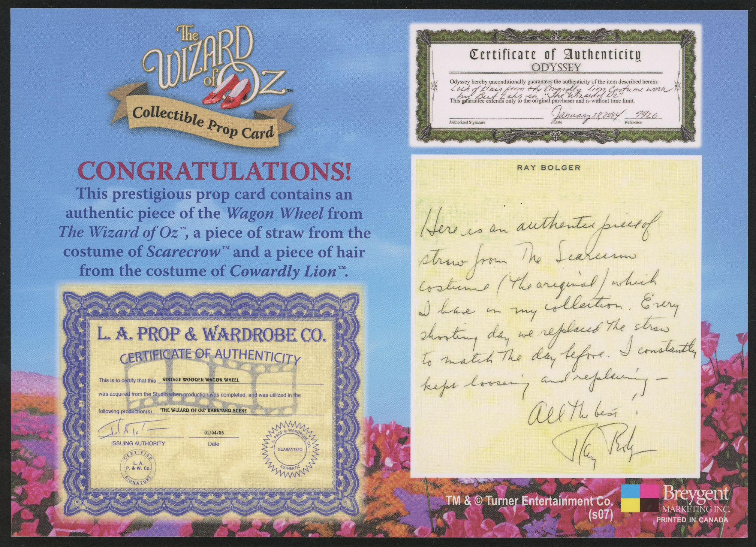 2007 The Wizard of Oz Props #WSH Scarecrow's Straw / Wagon Wheel / Cowardly Lion at PristineAuction.com 2007 The Wizard of Oz Props #WSH Scarecrow's Straw / Wagon Wheel / Cowardly Lion at PristineAuction.com