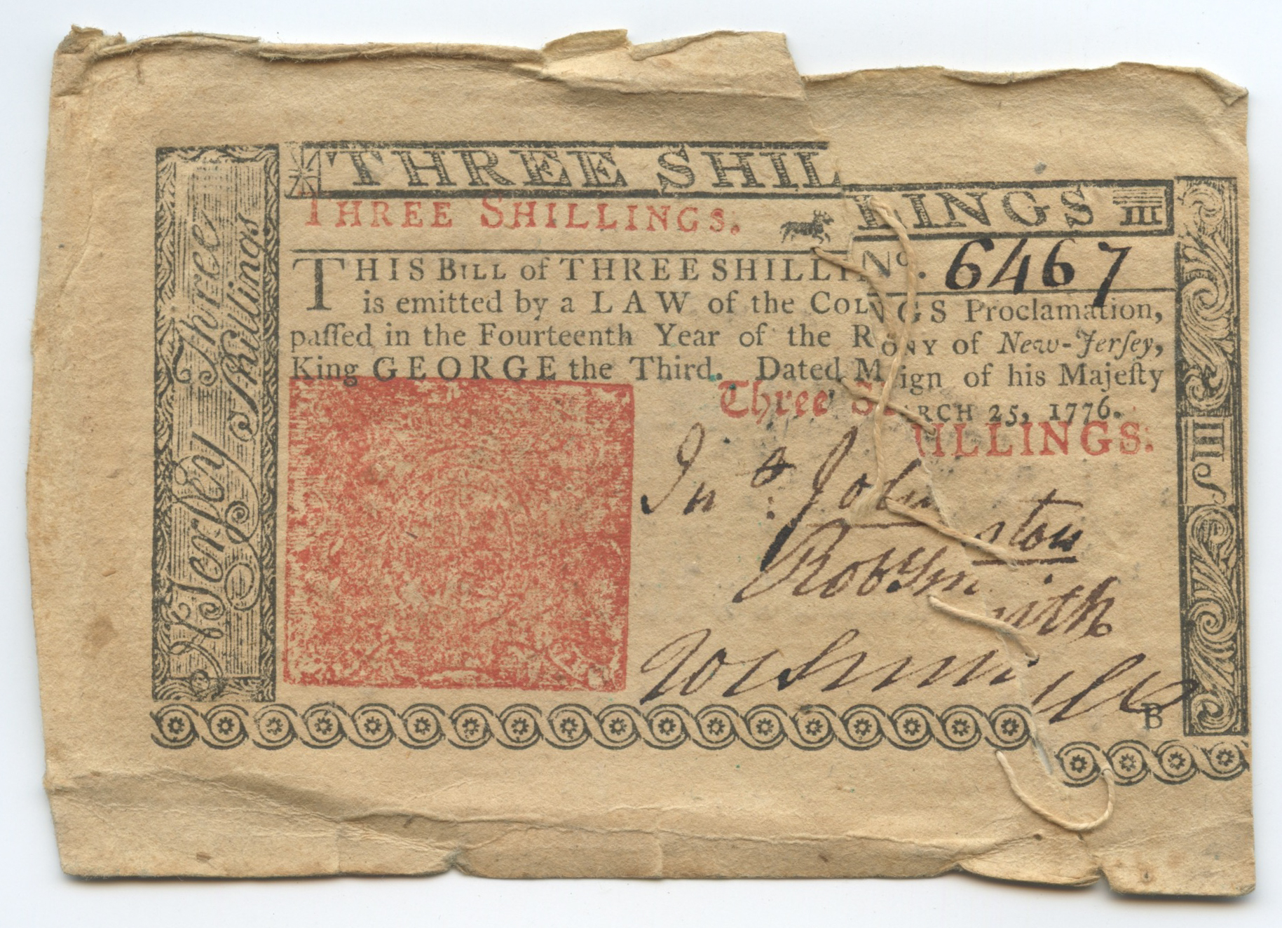 1776 Three Shilling New Jersey Colonial Currency Bank Note at PristineAuction.com 1776 Three Shilling New Jersey Colonial Currency Bank Note at PristineAuction.com