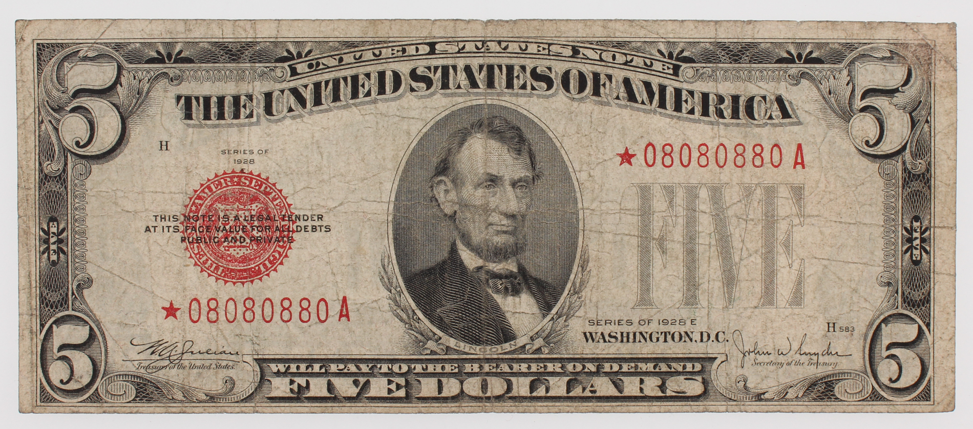1928 U.S. $5 Dollar Red Seal Federal Reserve Star Note at PristineAuction.com 1928 U.S. $5 Dollar Red Seal Federal Reserve Star Note at PristineAuction.com