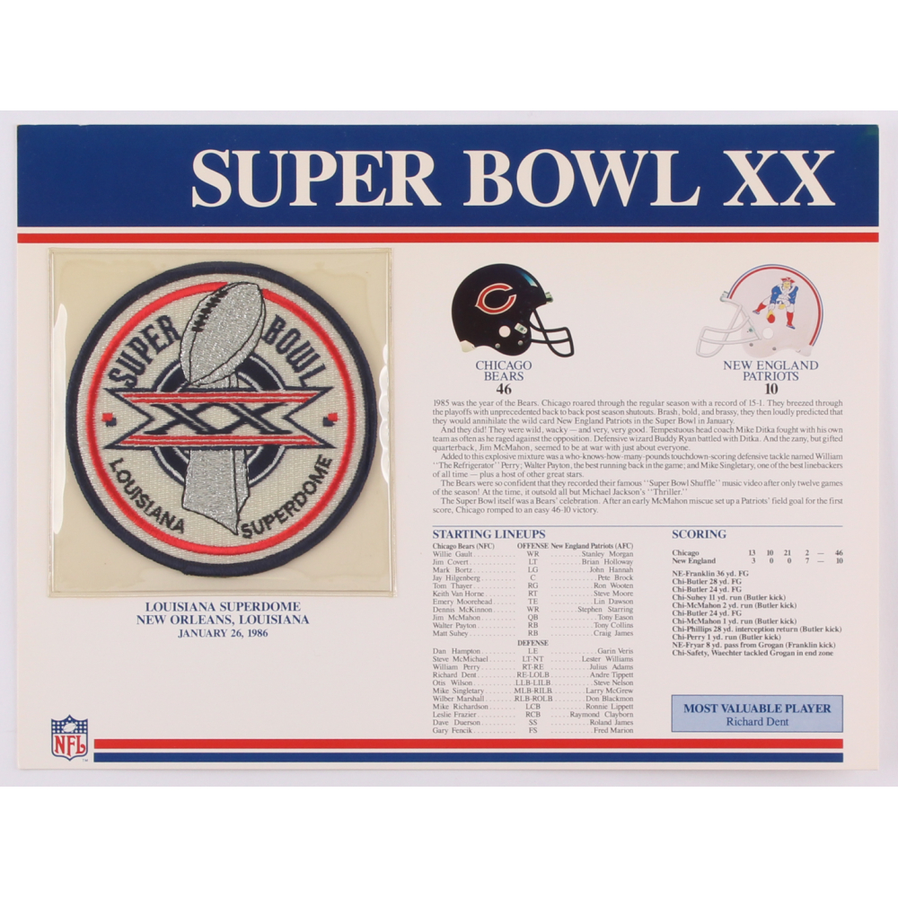 Commemorative Super Bowl XX Score Card With Patch Bears Vs Patriots