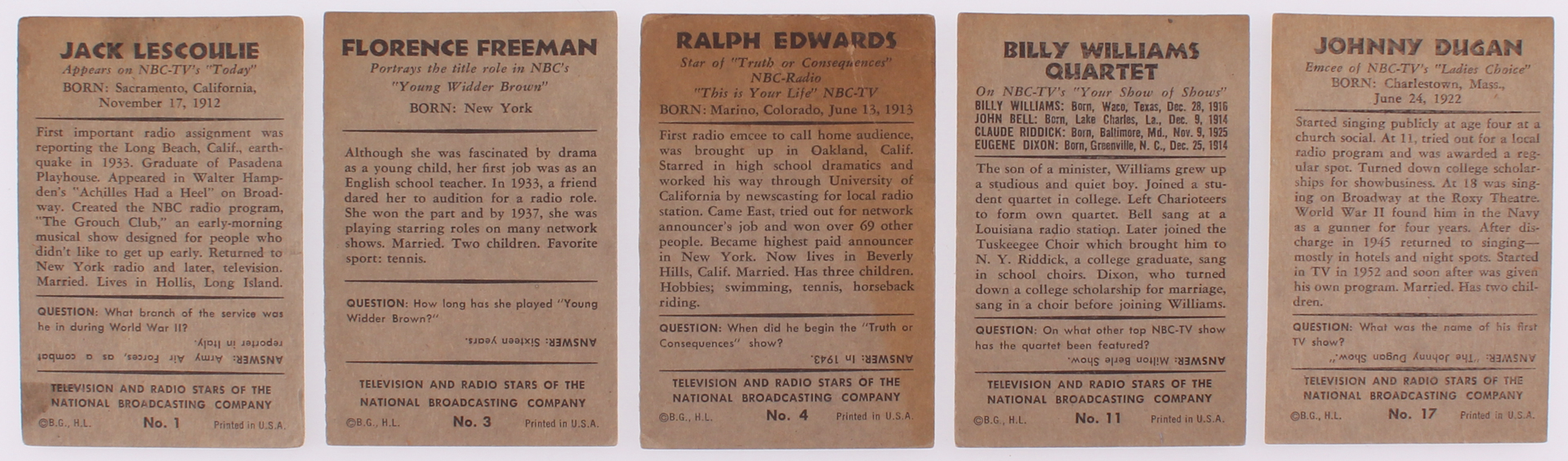 Lof of (30) 1953 TV and Radio Stars of NBC Cards with #17 Johnny Dugan, #11 Billy Williams Quartet, #1 Jack Lescoulie, #3 Florence Freeman, #4 Ralph Edwards at PristineAuction.com Lof of (30) 1953 TV and Radio Stars of NBC Cards with #17 Johnny Dugan, #11 Billy Williams Quartet, #1 Jack Lescoulie, #3 Florence Freeman, #4 Ralph Edwards at PristineAuction.com