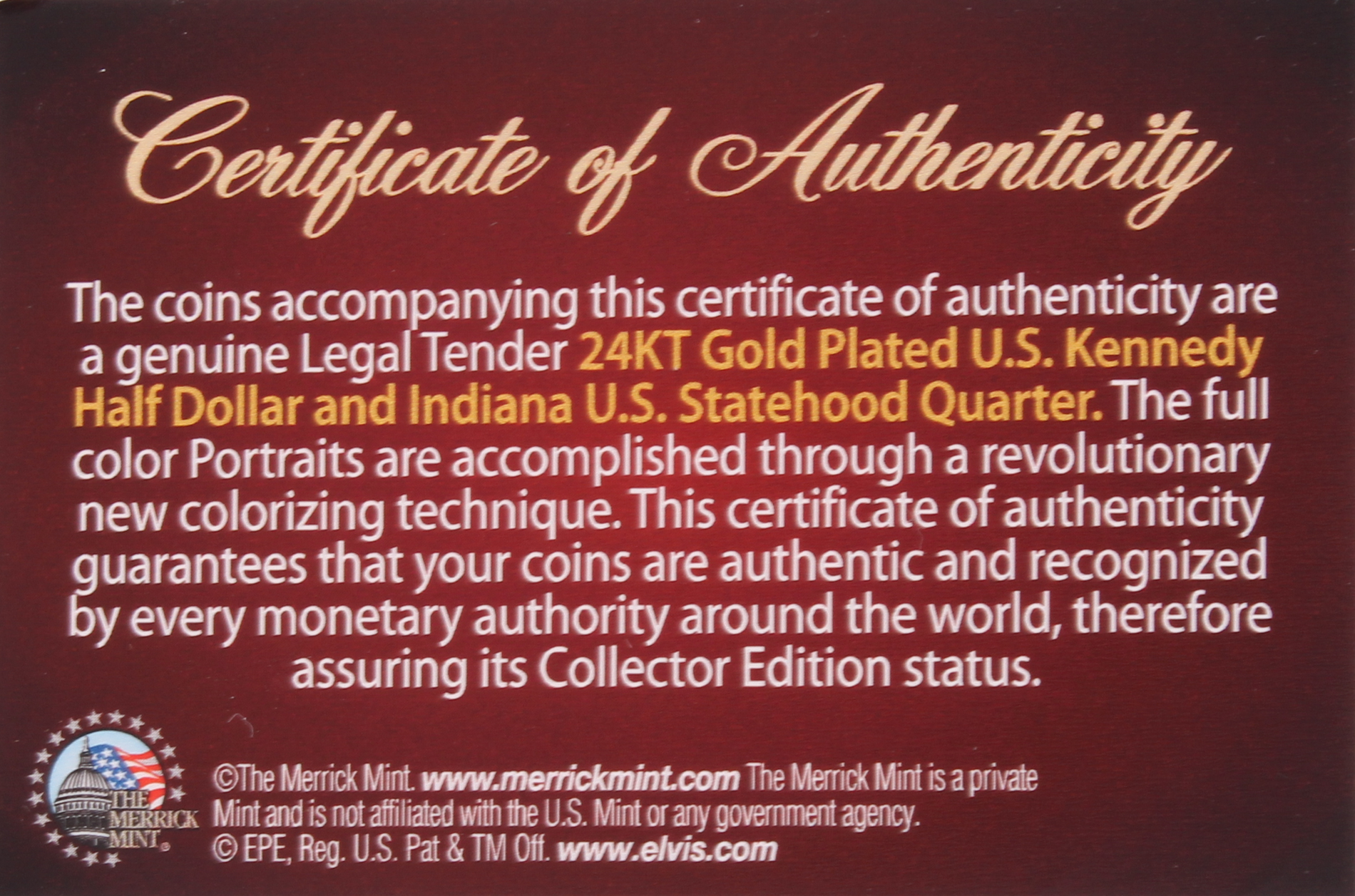 Set of (2) Elvis Presley 24K Gold Plated Colorized Coins | Pristine Auction