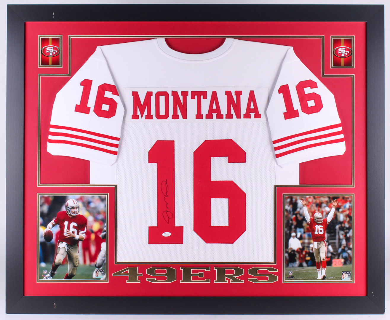 Joe Montana Signed 49ers 35x43 Custom Framed Jersey (JSA Hologram)(Imperfect) at PristineAuction.com Joe Montana Signed 49ers 35x43 Custom Framed Jersey (JSA Hologram)(Imperfect) at PristineAuction.com