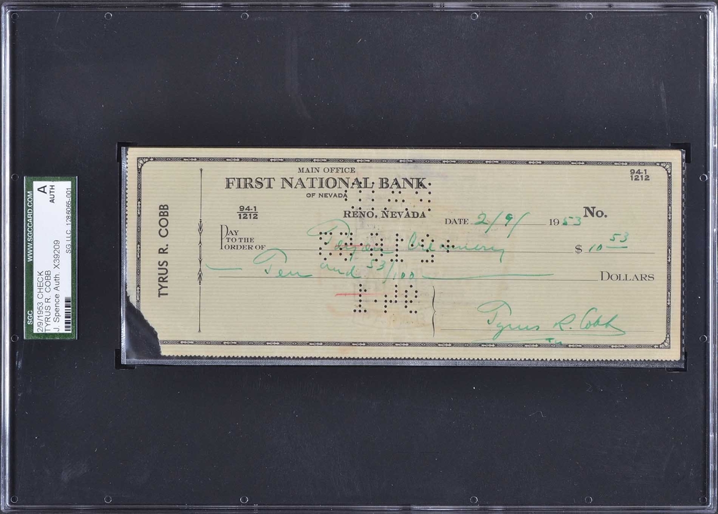 Ty Cobb Signed Personal Check (SGC Encapsulated & JSA LOA) at PristineAuction.com Ty Cobb Signed Personal Check (SGC Encapsulated & JSA LOA) at PristineAuction.com