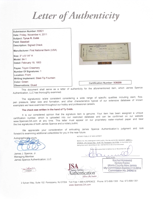 Ty Cobb Signed Personal Check (SGC Encapsulated & JSA LOA) at PristineAuction.com Ty Cobb Signed Personal Check (SGC Encapsulated & JSA LOA) at PristineAuction.com