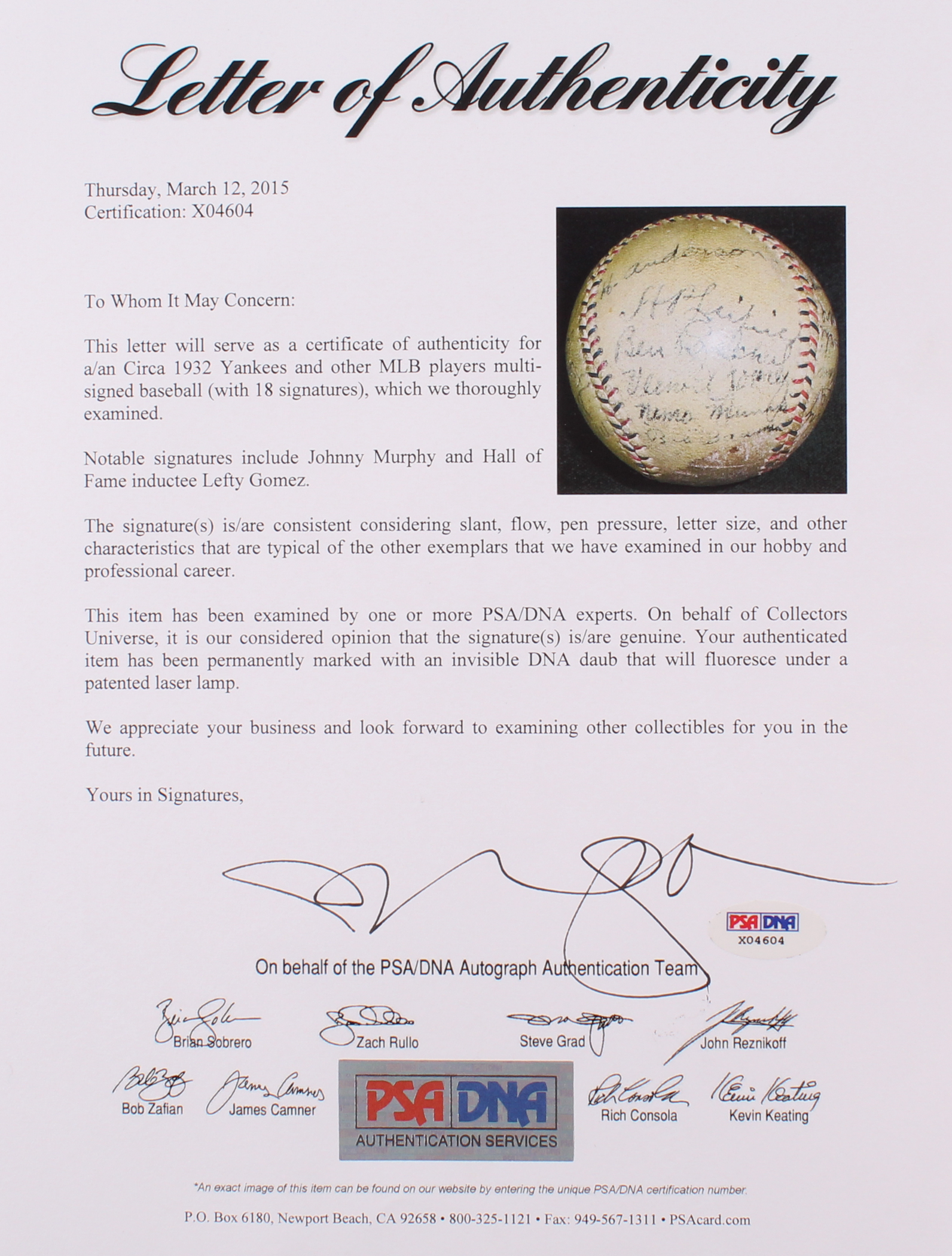 1932 New York Yankees OAL Baseball Team-Signed by (18) with Lefty Gomez, Johnny Murphy, Johnny Grabowski (PSA LOA) at PristineAuction.com 1932 New York Yankees OAL Baseball Team-Signed by (18) with Lefty Gomez, Johnny Murphy, Johnny Grabowski (PSA LOA) at PristineAuction.com