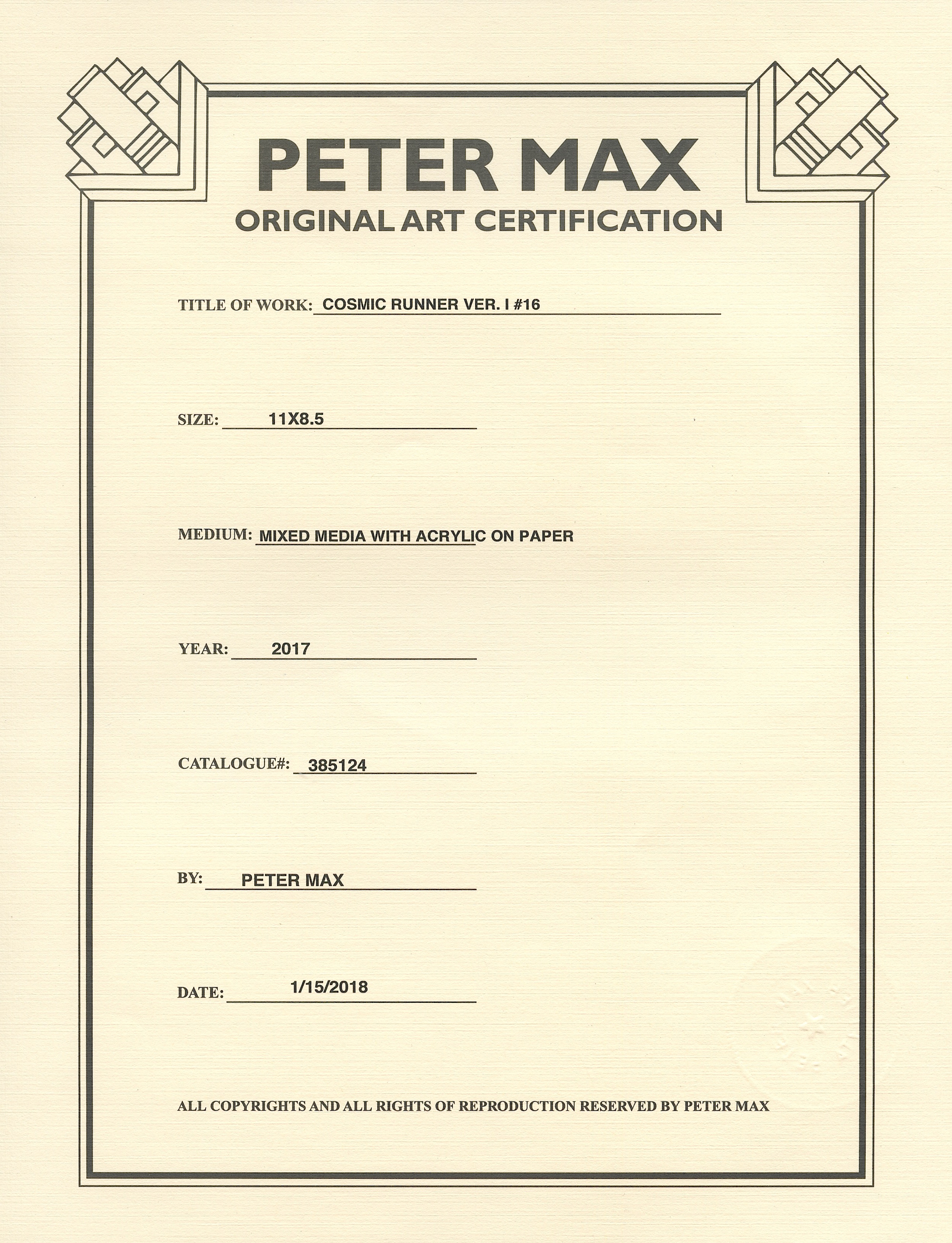 Peter Max "Cosmic Runner" Signed 8.5" x 11" Original Acrylic Mixed Media Painting 1/1 (Custom Framed to 19" x 22") (Max LOA) at PristineAuction.com Peter Max "Cosmic Runner" Signed 8.5" x 11" Original Acrylic Mixed Media Painting 1/1 (Custom Framed to 19" x 22") (Max LOA) at PristineAuction.com