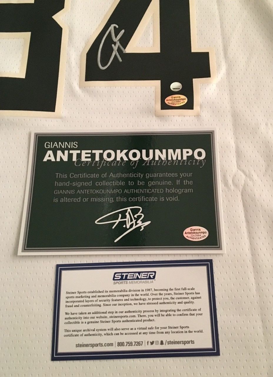 Giannis Antetokounmpo Signed Bucks Jersey (Steiner COA & Antetokounmpo Hologram) at PristineAuction.com Giannis Antetokounmpo Signed Bucks Jersey (Steiner COA & Antetokounmpo Hologram) at PristineAuction.com