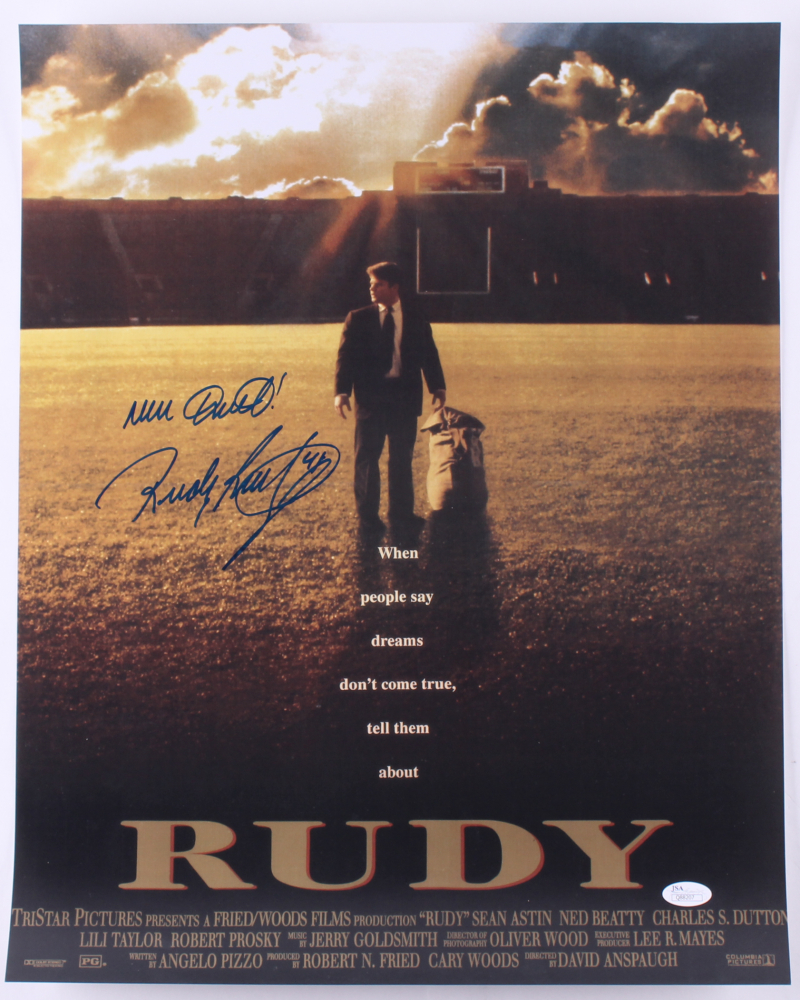 Rudy Ruettiger Signed "Rudy" 16x20 Movie Poster Photo Inscribed "Never