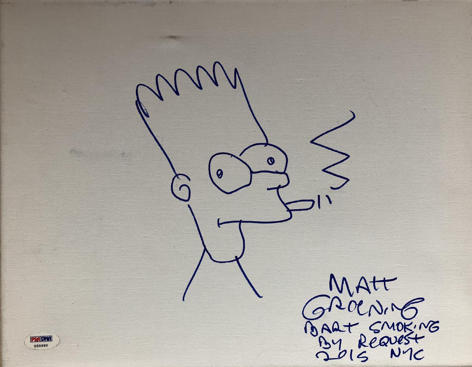 Matt Groening Signed "Simpsons" 11x14 Hand Drawn Sketch of Bart Simpson On Stretched Canvas Inscribed "Bart Smoking By Request 2015 NYC" (PSA COA) at PristineAuction.com Matt Groening Signed "Simpsons" 11x14 Hand Drawn Sketch of Bart Simpson On Stretched Canvas Inscribed "Bart Smoking By Request 2015 NYC" (PSA COA) at PristineAuction.com