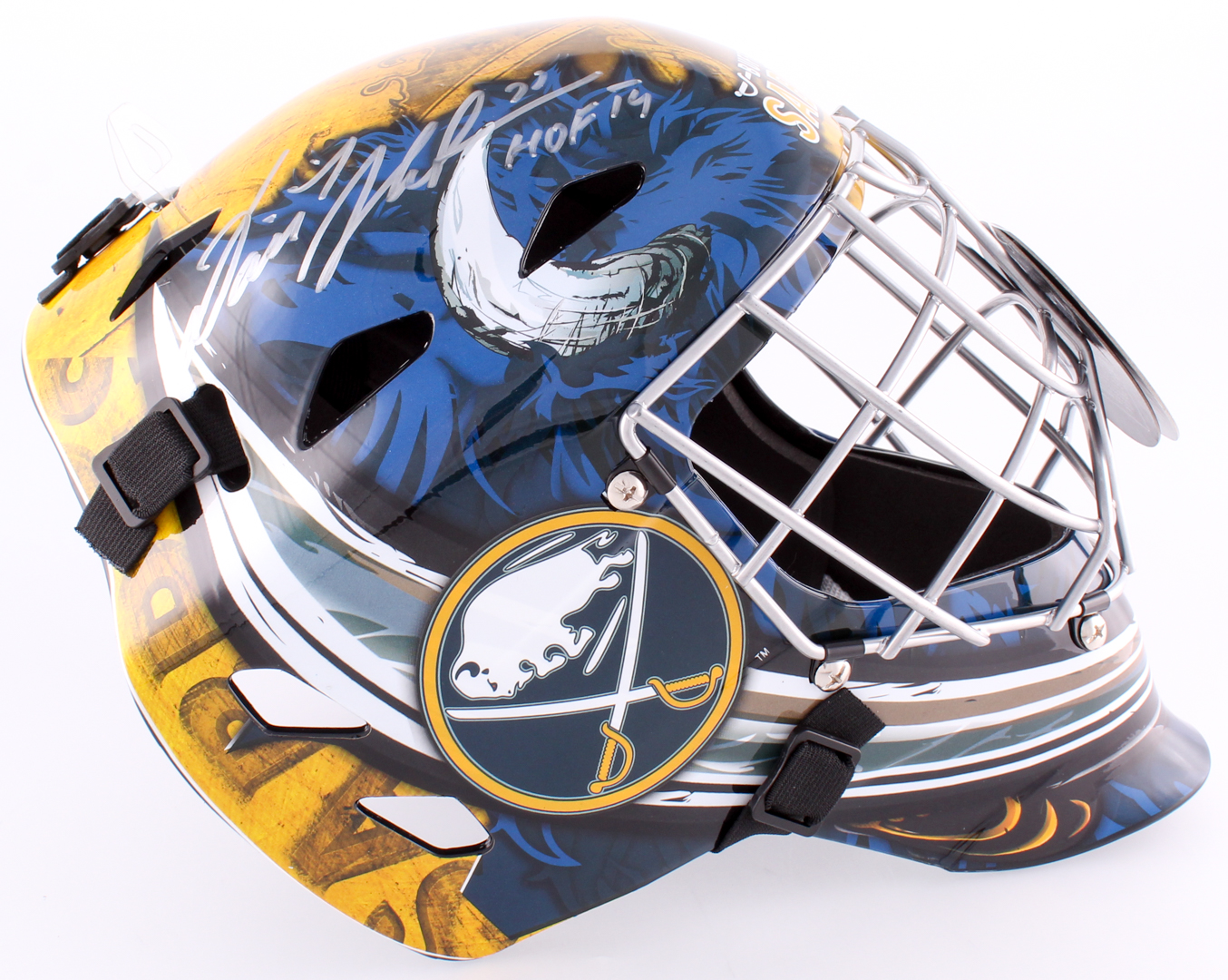Dominik Hasek Signed Sabres Full-Size Goalie Mask Inscribed "HOF 14" (Schwartz COA) at PristineAuction.com Dominik Hasek Signed Sabres Full-Size Goalie Mask Inscribed "HOF 14" (Schwartz COA) at PristineAuction.com