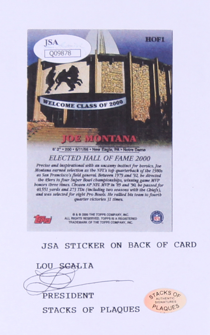 Joe Montana Signed 49ers 14x18 Custom Matted 2000 Topps Hall of Fame Autographs #HOF1 Display (SOP Hologram & JSA COA) at PristineAuction.com Joe Montana Signed 49ers 14x18 Custom Matted 2000 Topps Hall of Fame Autographs #HOF1 Display (SOP Hologram & JSA COA) at PristineAuction.com