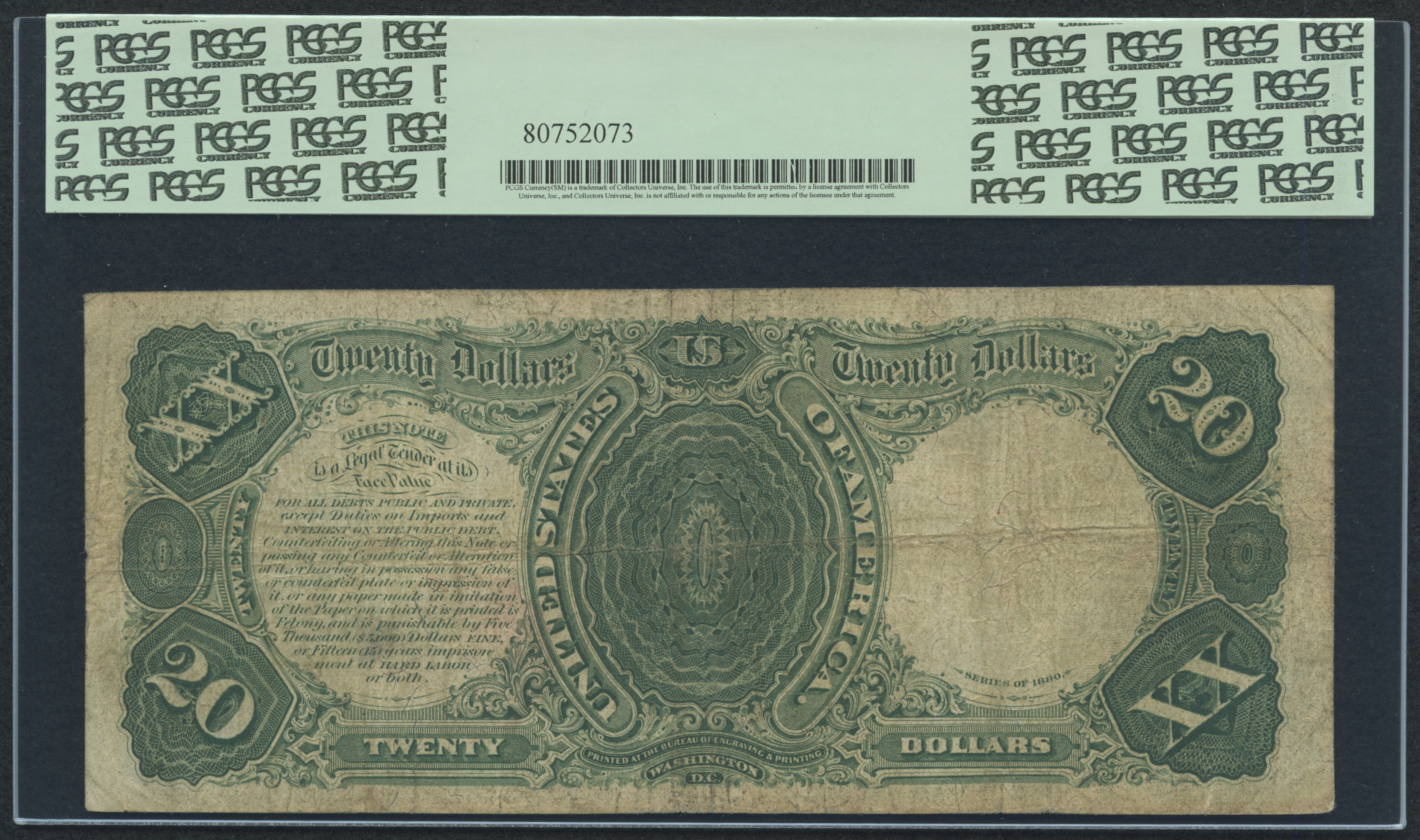 1880 $20 Twenty Dollars Legal Tender Large Bank Note Bill (PCGS 15) at PristineAuction.com 1880 $20 Twenty Dollars Legal Tender Large Bank Note Bill (PCGS 15) at PristineAuction.com