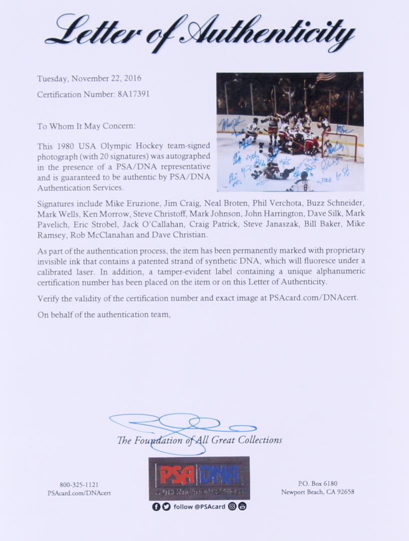 1980 Team USA "Miracle On Ice" 16x20 Photo Signed by (20) with Mike Eruzione, Jim Craig, Neal Broten, Phil Verchota, Buzz Schneider, Mark Wells (PSA LOA) at PristineAuction.com 1980 Team USA "Miracle On Ice" 16x20 Photo Signed by (20) with Mike Eruzione, Jim Craig, Neal Broten, Phil Verchota, Buzz Schneider, Mark Wells (PSA LOA) at PristineAuction.com