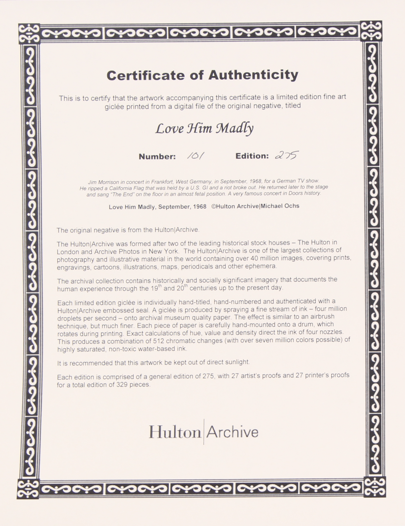 The Hulton Archive - Jim Morrison "Love Him Madly" Limited Edition 14x30.5 Fine Art Giclee on Paper #101/275 (PA LOA & HA COA) at PristineAuction.com The Hulton Archive - Jim Morrison "Love Him Madly" Limited Edition 14x30.5 Fine Art Giclee on Paper #101/275 (PA LOA & HA COA) at PristineAuction.com