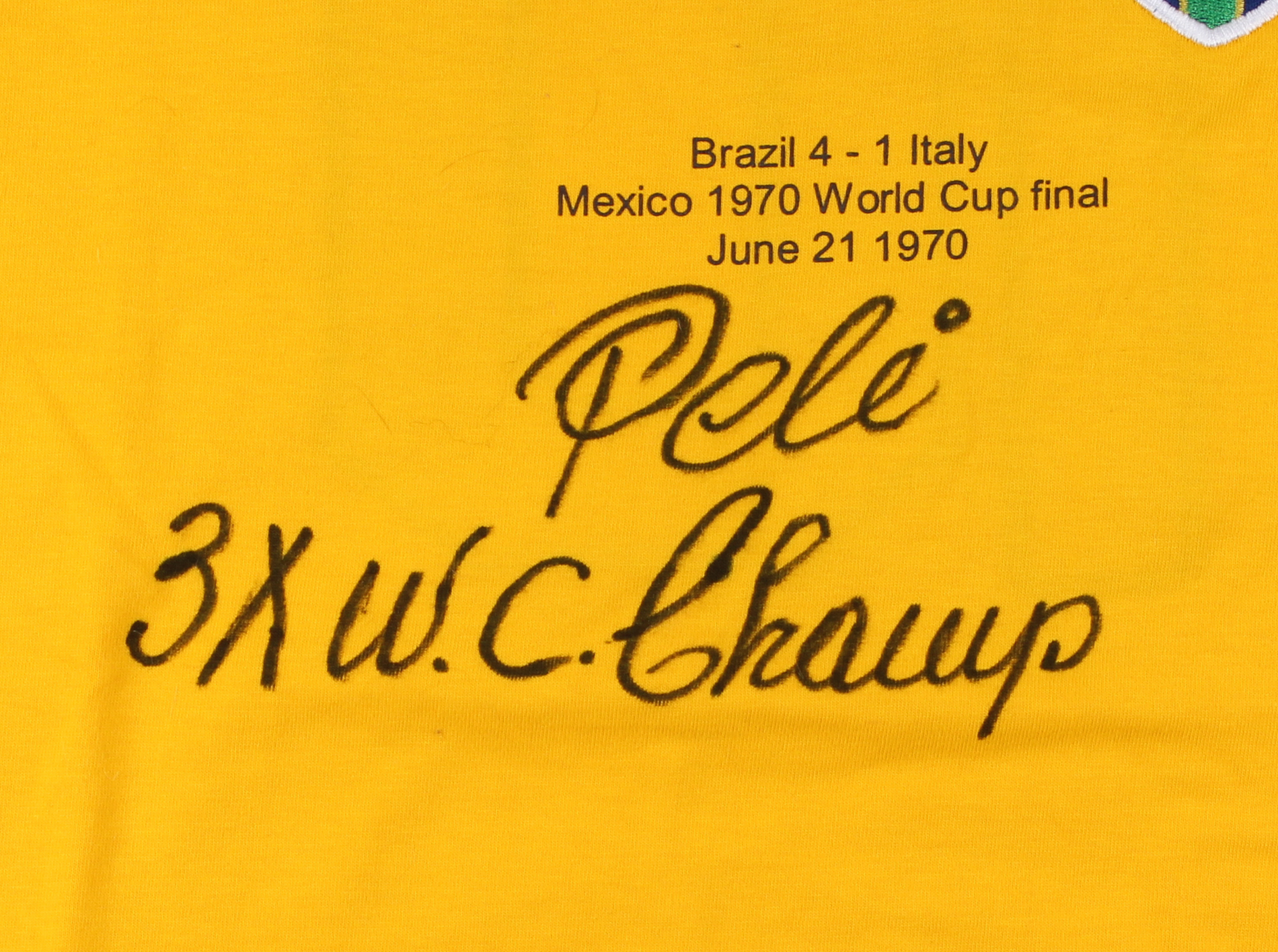 Pele Signed Brazil 1970 World Cup Final Jersey Inscribed "3x W.C. Champ" (PSA Hologram) at PristineAuction.com Pele Signed Brazil 1970 World Cup Final Jersey Inscribed "3x W.C. Champ" (PSA Hologram) at PristineAuction.com