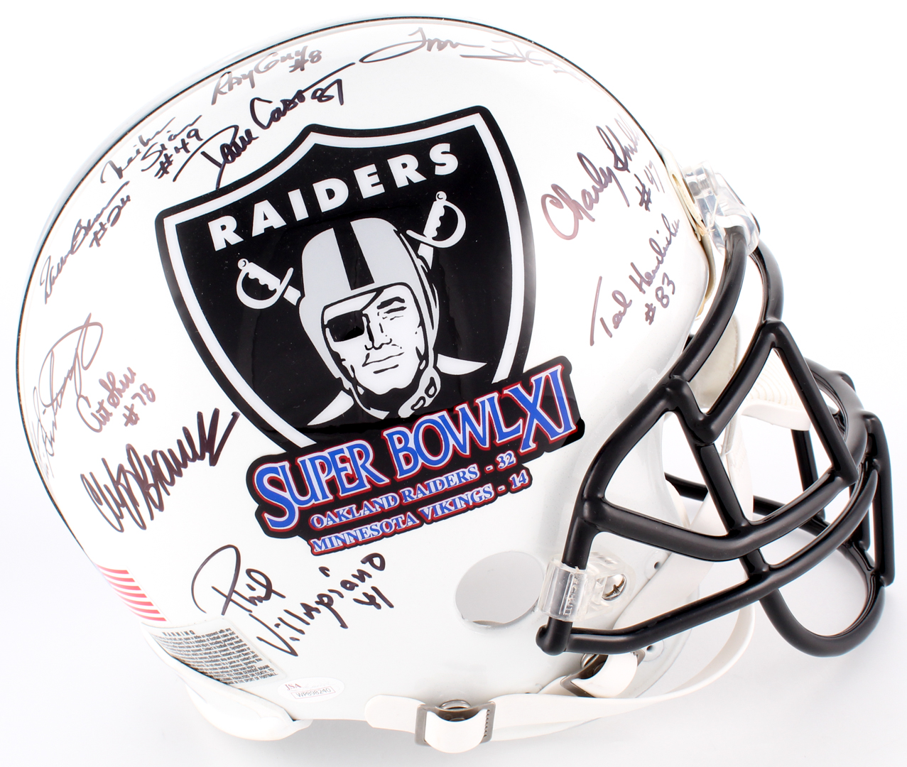 1976 Oakland Raiders Full-Size Authentic Super Bowl Logo Helmet Team-Signed by (11) with Ted Hendricks, Charlie Phillips, Tom Flores, Ray Guy (JSA COA) at PristineAuction.com 1976 Oakland Raiders Full-Size Authentic Super Bowl Logo Helmet Team-Signed by (11) with Ted Hendricks, Charlie Phillips, Tom Flores, Ray Guy (JSA COA) at PristineAuction.com