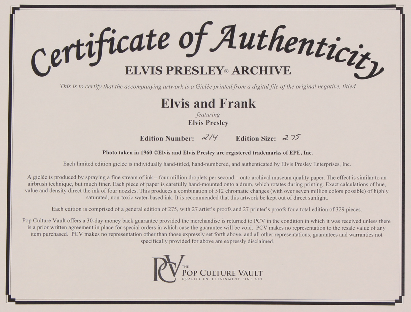 The Hulton Archive - Elvis Presley & Frank Sinatra "Elvis and Frank 1960" 16x23 Fine Art Giclee on Paper #214/275 (PCV COA & PA LOA) at PristineAuction.com The Hulton Archive - Elvis Presley & Frank Sinatra "Elvis and Frank 1960" 16x23 Fine Art Giclee on Paper #214/275 (PCV COA & PA LOA) at PristineAuction.com