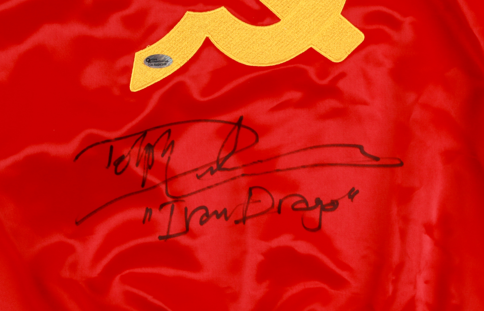 Dolph Lundgren Signed Russian Boxing Jacket Inscribed "Ivan Drago" (Online Authentics COA) at PristineAuction.com Dolph Lundgren Signed Russian Boxing Jacket Inscribed "Ivan Drago" (Online Authentics COA) at PristineAuction.com