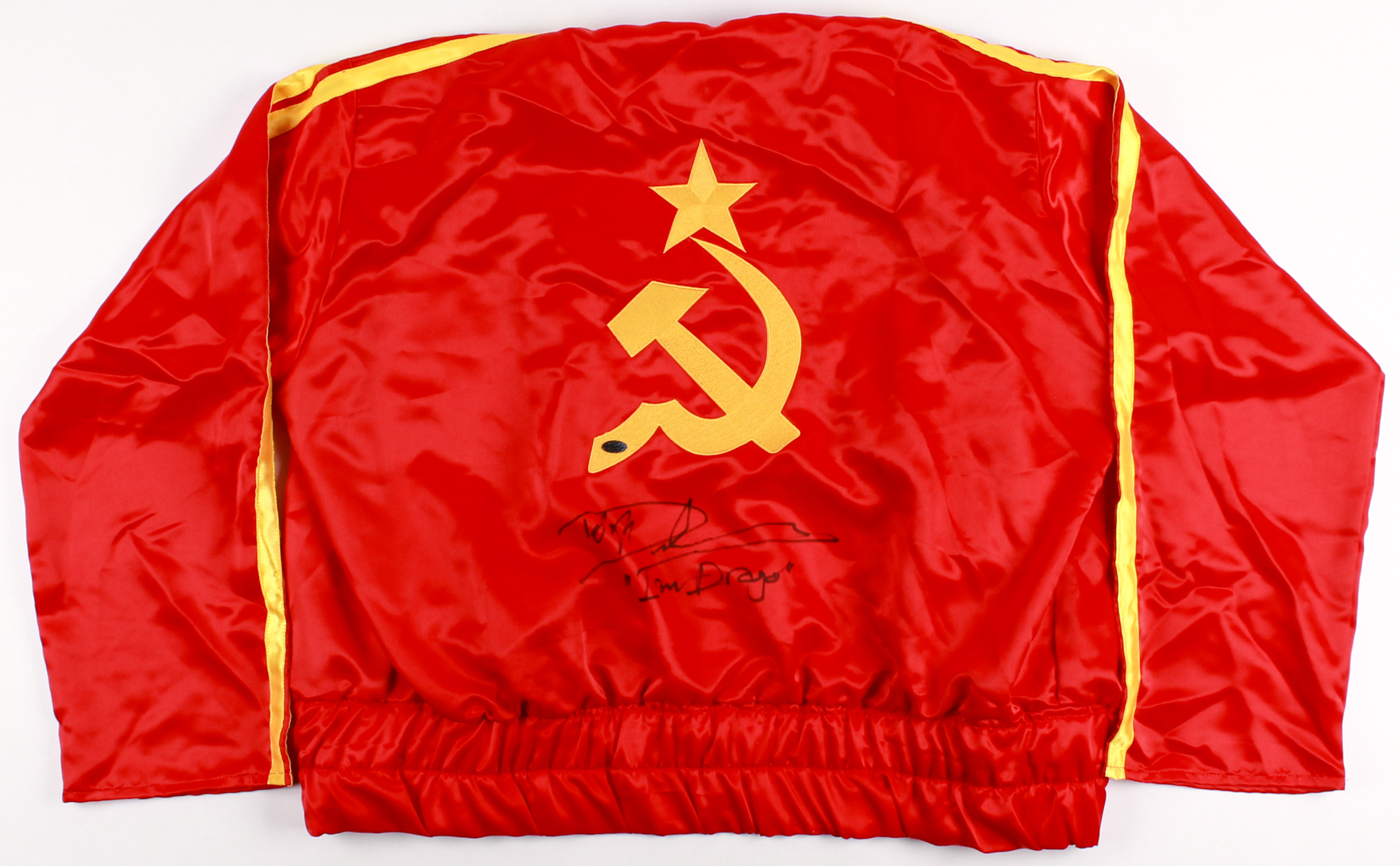 Dolph Lundgren Signed Russian Boxing Jacket Inscribed "Ivan Drago" (Online Authentics COA) at PristineAuction.com Dolph Lundgren Signed Russian Boxing Jacket Inscribed "Ivan Drago" (Online Authentics COA) at PristineAuction.com