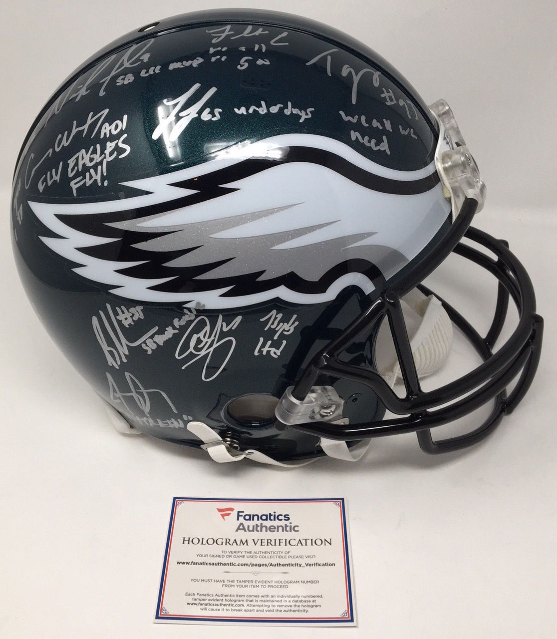 2017 Philadelphia Eagles LE Authentic On-Field Full-Size Helmet Team-Signed by (20) with Nick Foles, Fletcher Cox, Carson Wentz, Jay Ajayi with Multiple Inscriptions (Fanatics Hologram) at PristineAuction.com 2017 Philadelphia Eagles LE Authentic On-Field Full-Size Helmet Team-Signed by (20) with Nick Foles, Fletcher Cox, Carson Wentz, Jay Ajayi with Multiple Inscriptions (Fanatics Hologram) at PristineAuction.com
